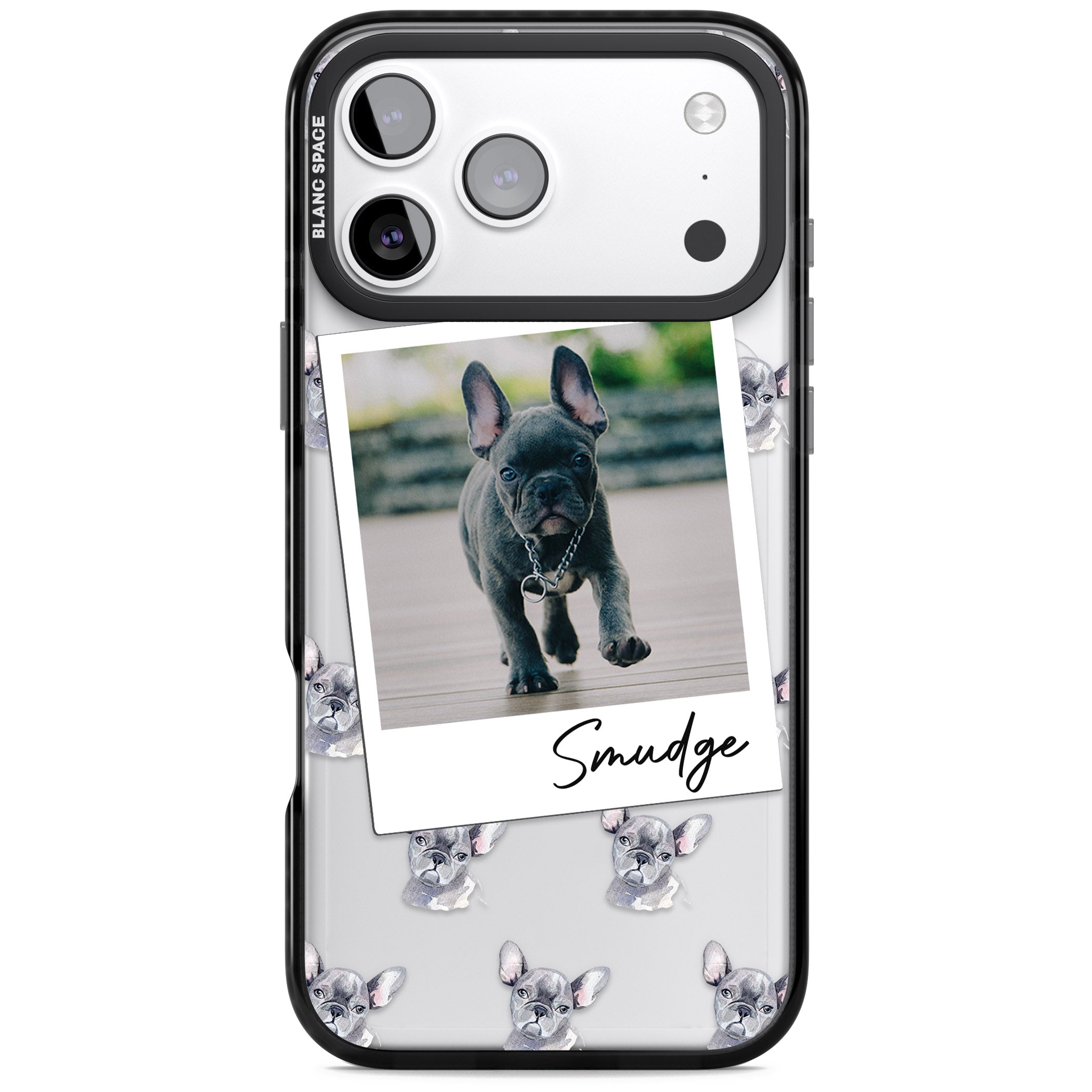 Personalised Grey French Bulldog Instant Camera Photo iPhone 17 Pro Max Impact Black Phone Case