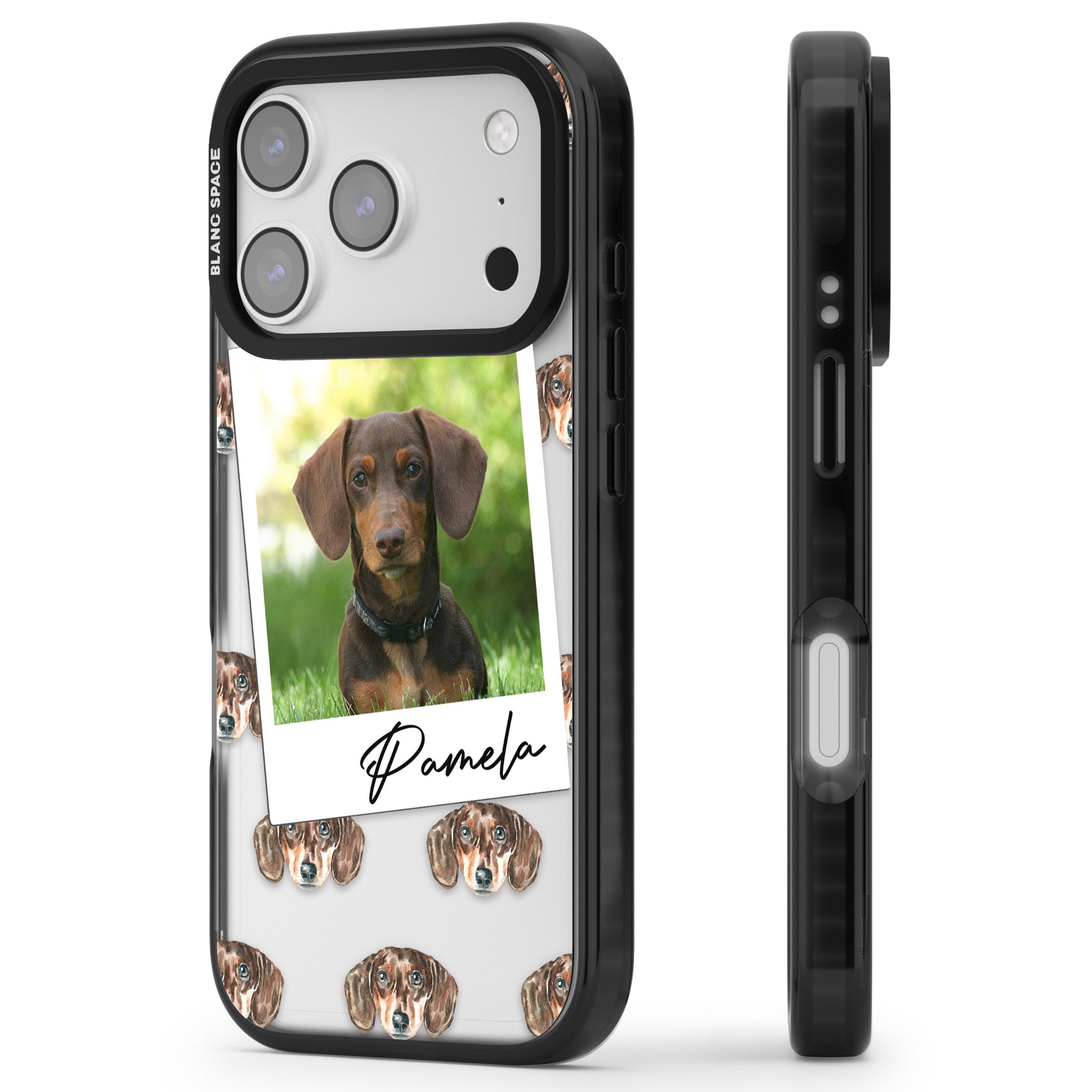 Personalised Brown Dachshund Instant Camera Photo iPhone 17 Pro Max Impact Black Phone Case Side Profile