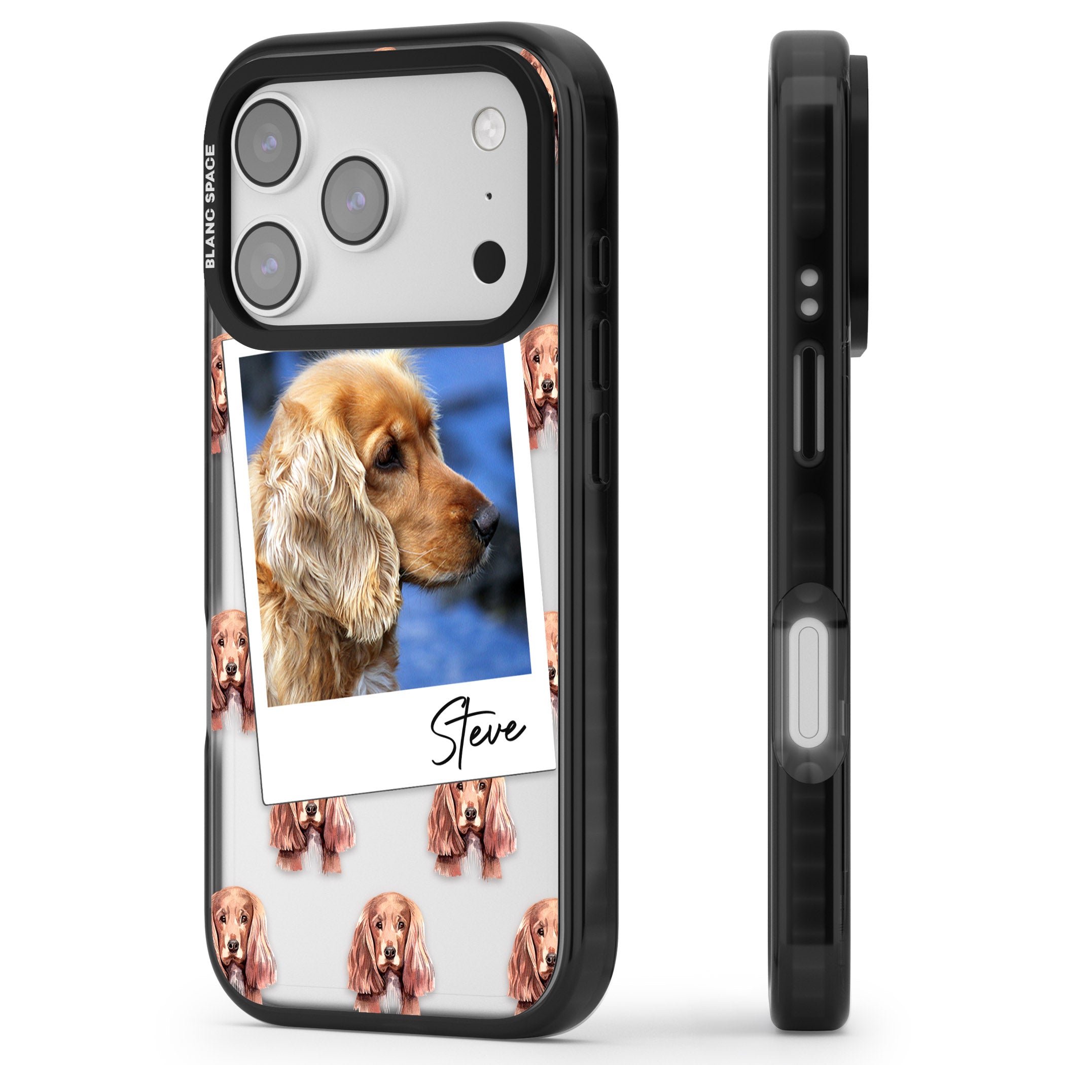 Personalised Cocker Spaniel Instant Camera Photo iPhone 17 Pro Max Impact Black Phone Case Side Profile