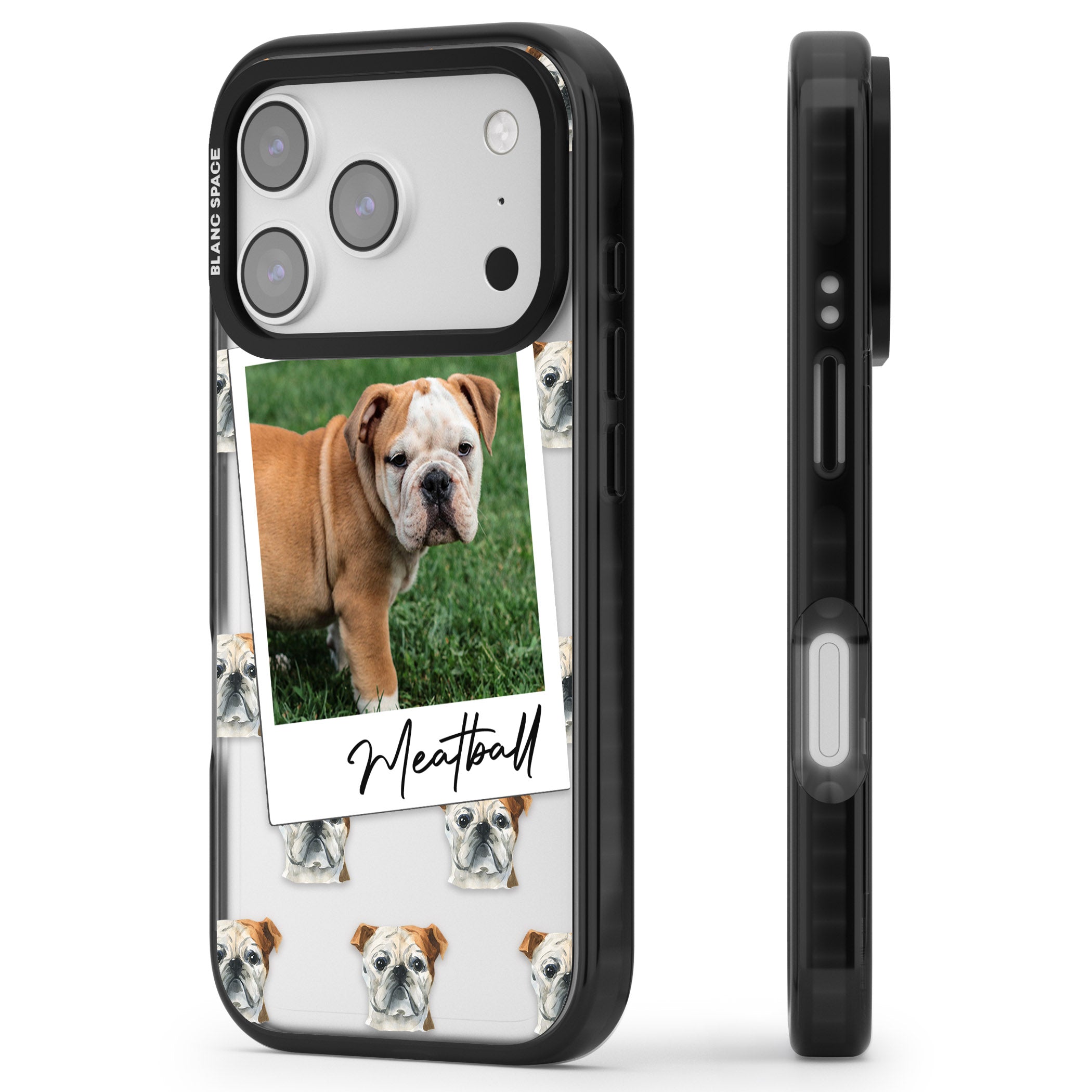 Personalised English Bulldog Instant Camera Photo iPhone 17 Pro Max Impact Black Phone Case Side Profile