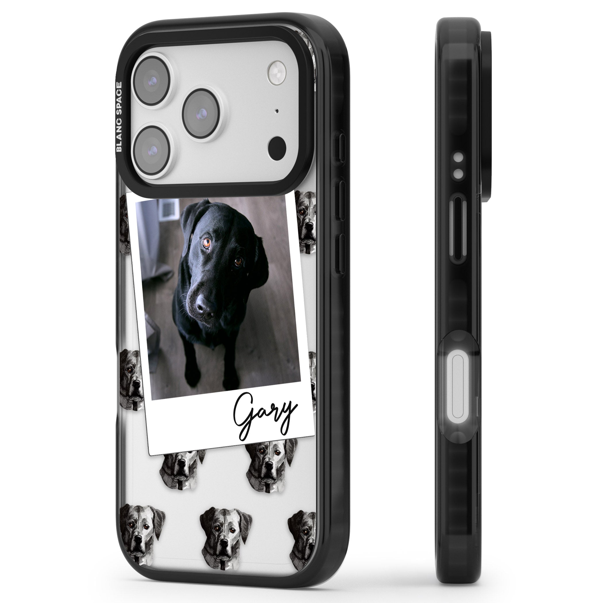 Personalised Black Labrador Instant Camera Photo iPhone 17 Pro Max Impact Black Phone Case Side Profile