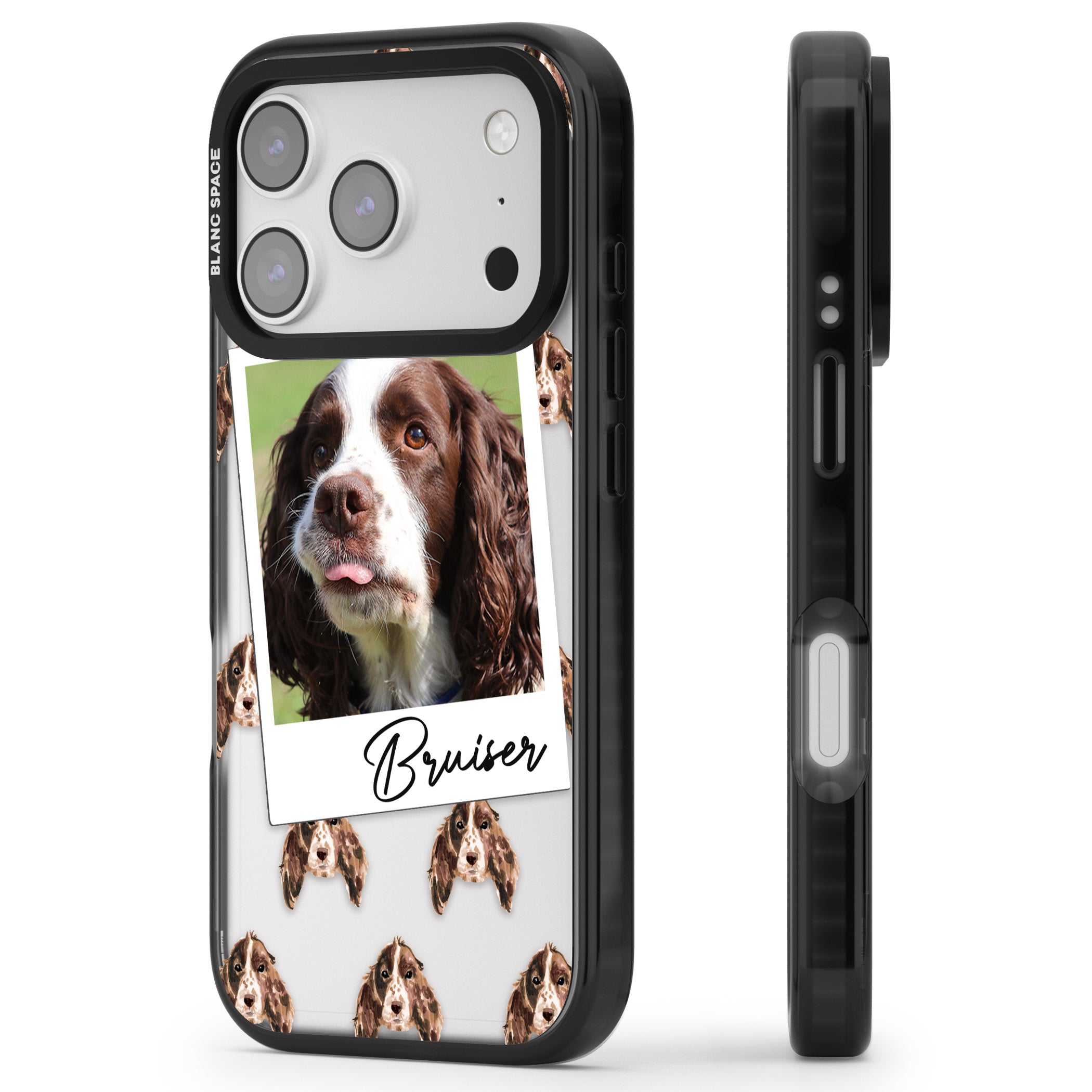 Personalised Springer Spaniel Instant Camera Photo iPhone 17 Pro Max Impact Black Phone Case Side Profile