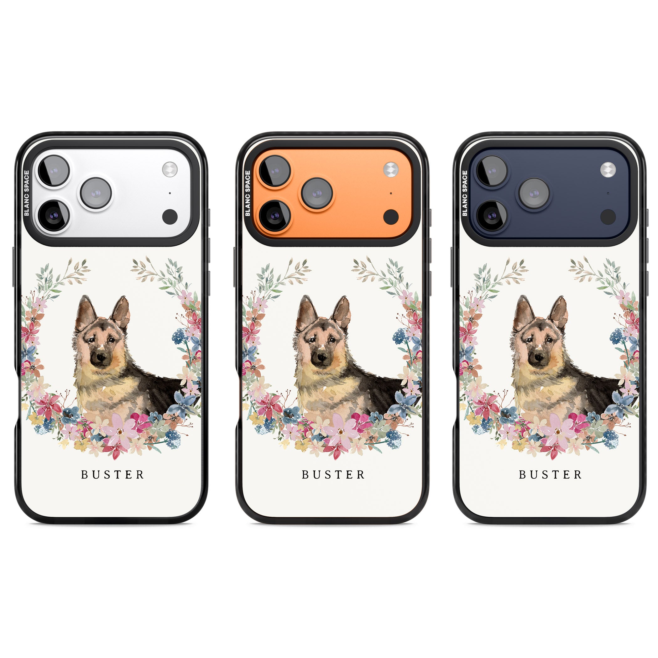 Personalised German Shepherd Floral Portrait iPhone 17 Pro Impact Black Phone Case APT Impact Protection