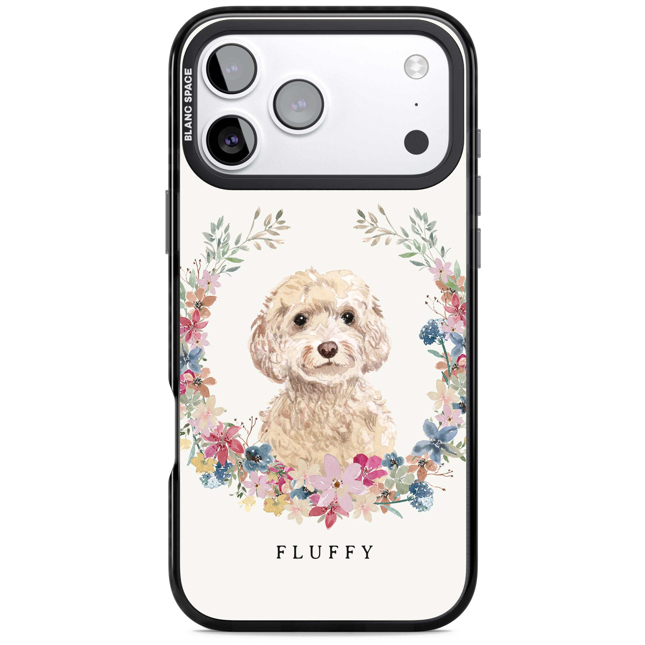 Personalised Champagne Cockapoo Floral Portrait iPhone 17 Pro Max Impact Black Phone Case