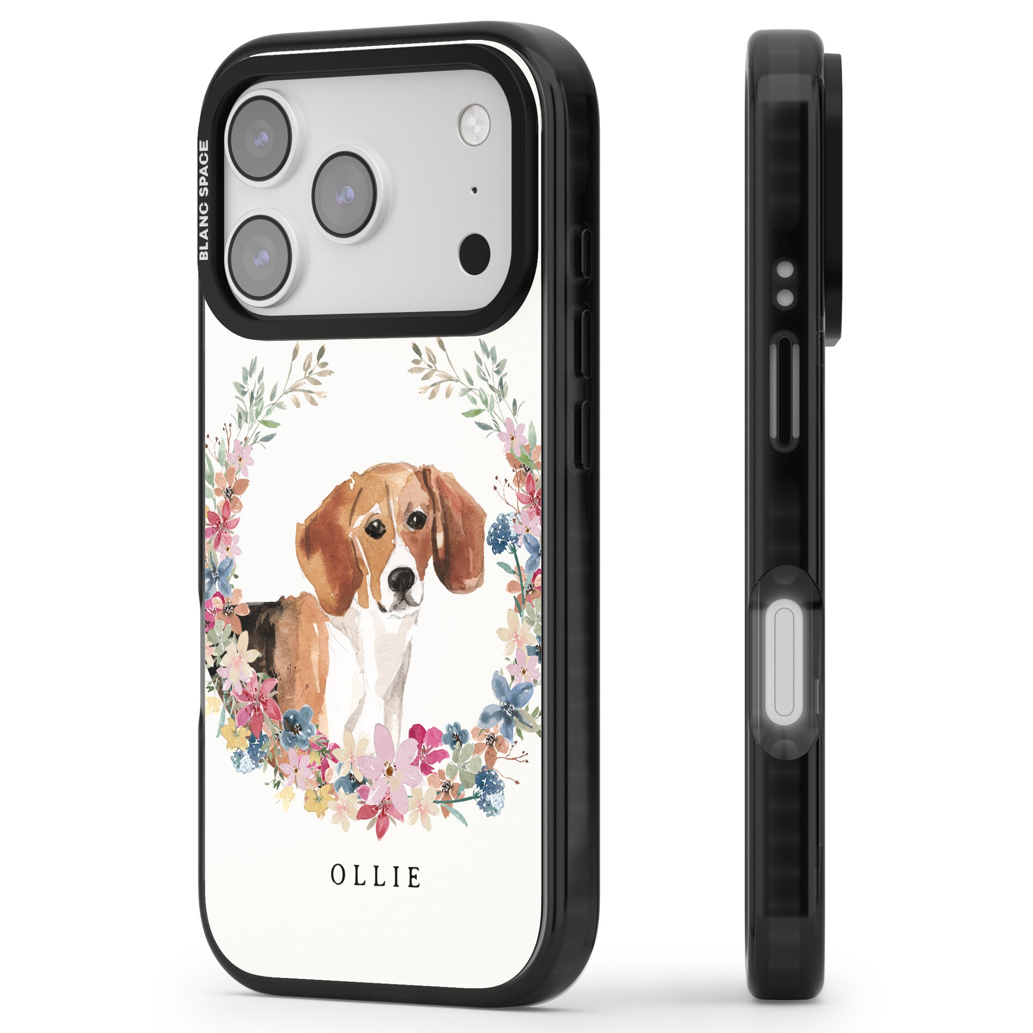 Personalised Beagle Floral Portrait iPhone 17 Pro Max Impact Black Phone Case Side Profile