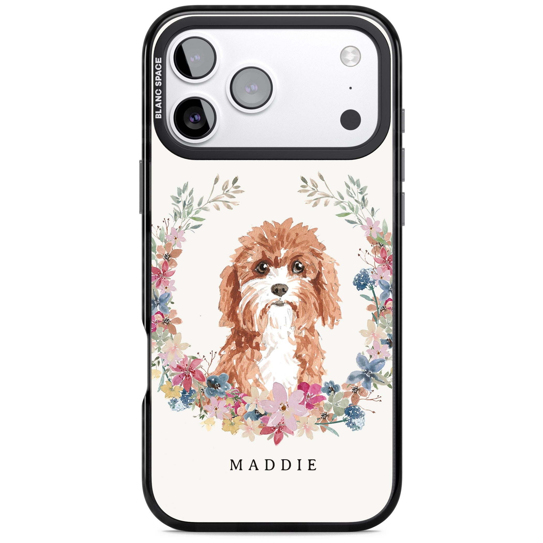 Personalised Cavapoo Floral Portrait iPhone 17 Pro Max Impact Black Phone Case