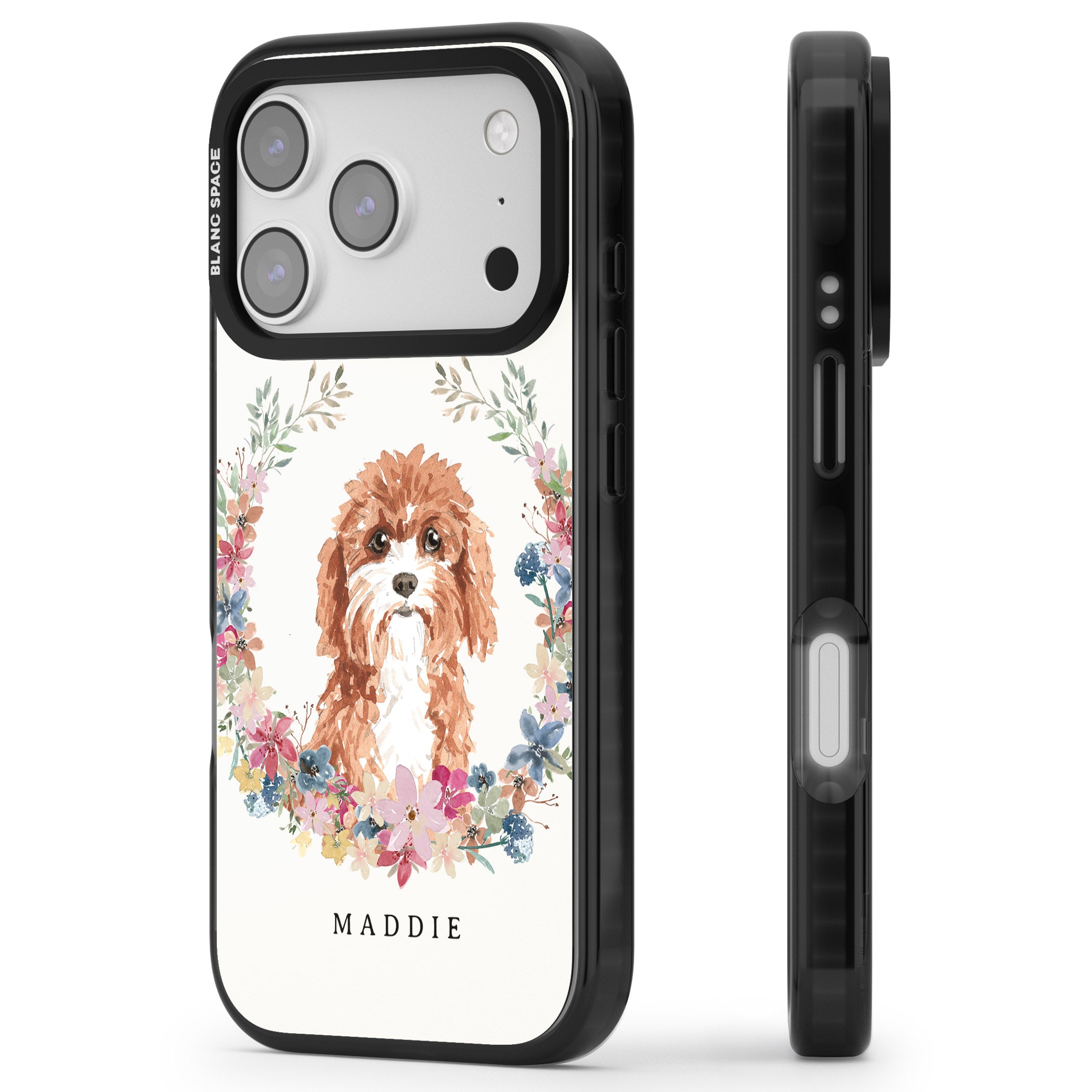Personalised Cavapoo Floral Portrait iPhone 17 Pro Max Impact Black Phone Case Side Profile