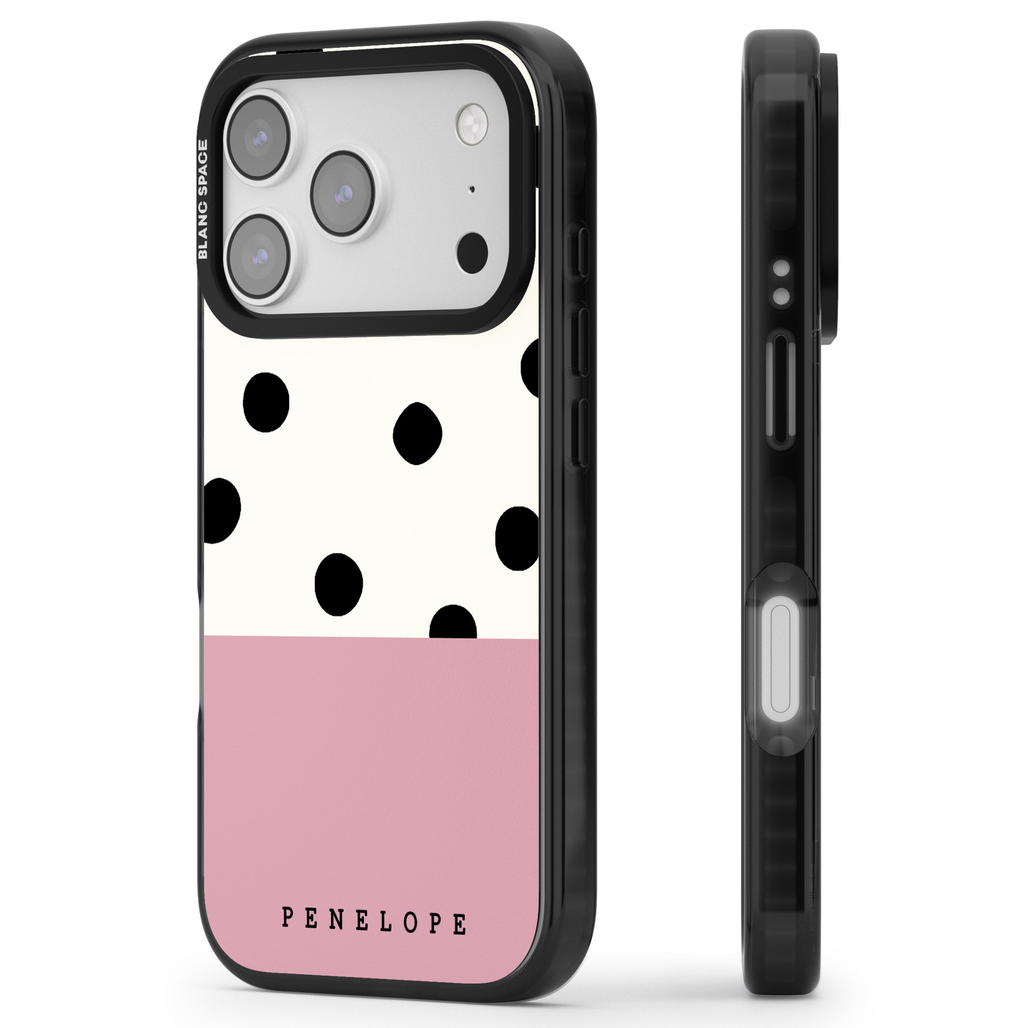 Personalised Pink Border Polka Dot iPhone 17 Pro Max Impact Black Phone Case Side Profile