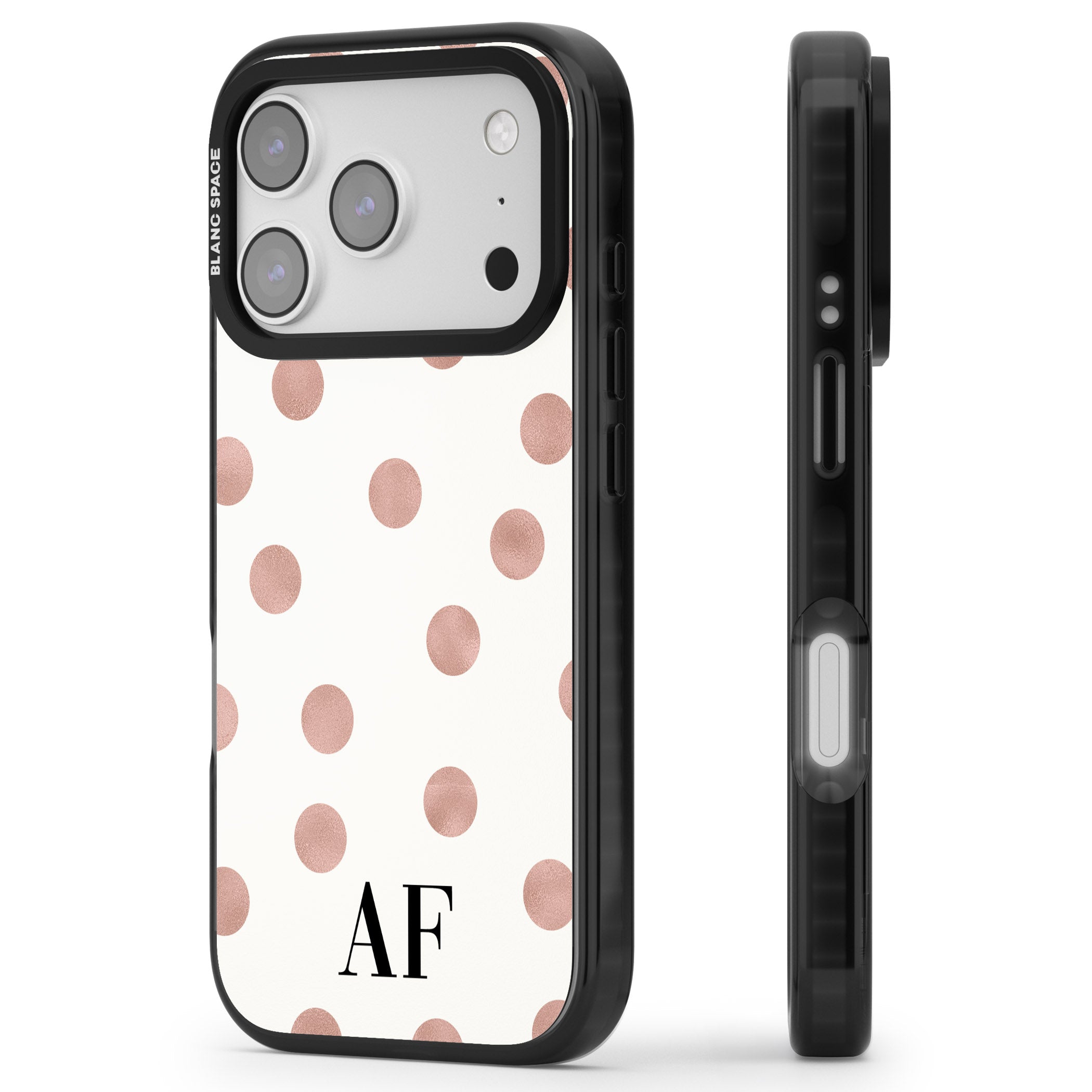 Personalised Rose Gold Dots & Initials iPhone 17 Pro Max Impact Black Phone Case Side Profile