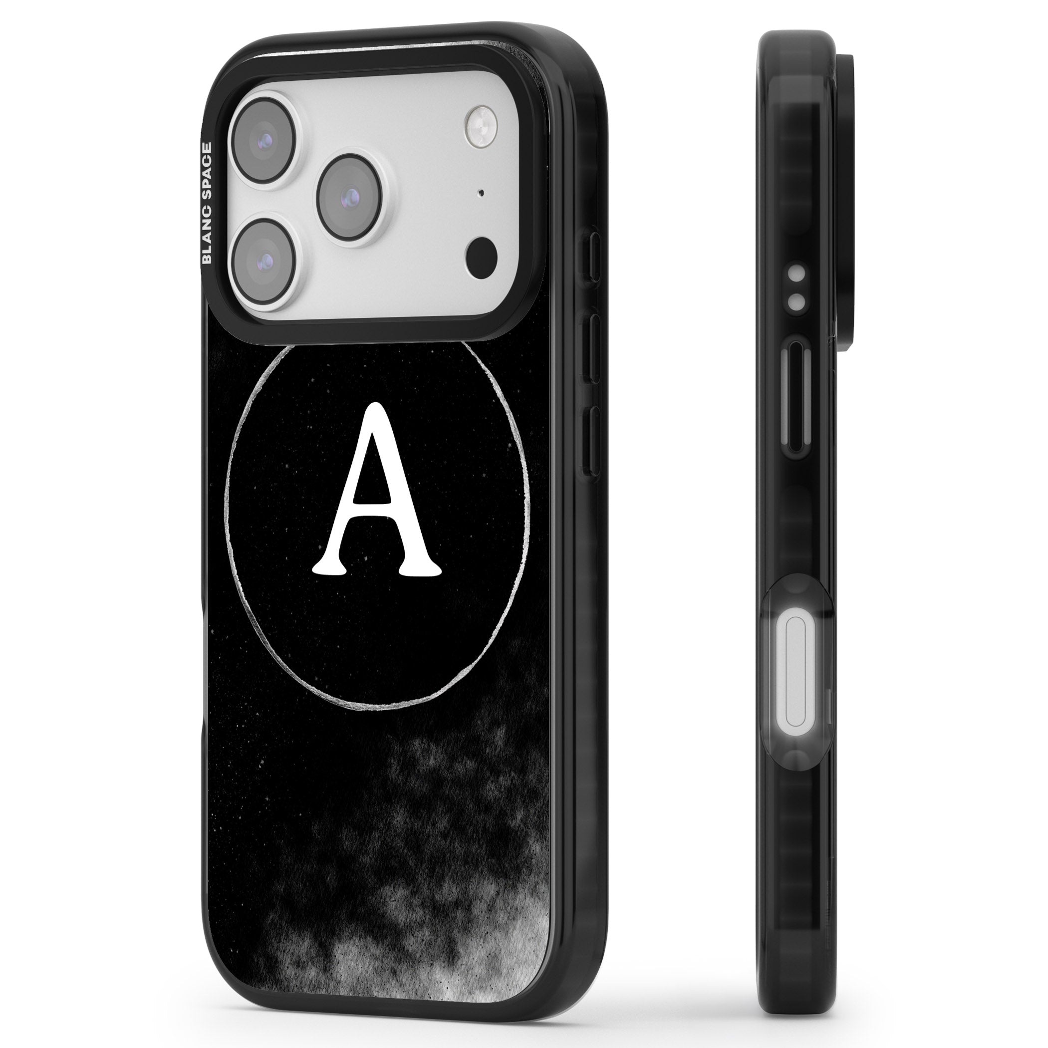 Personalised Monochrome Cosmic Monogram iPhone 17 Pro Max Impact Black Phone Case Side Profile