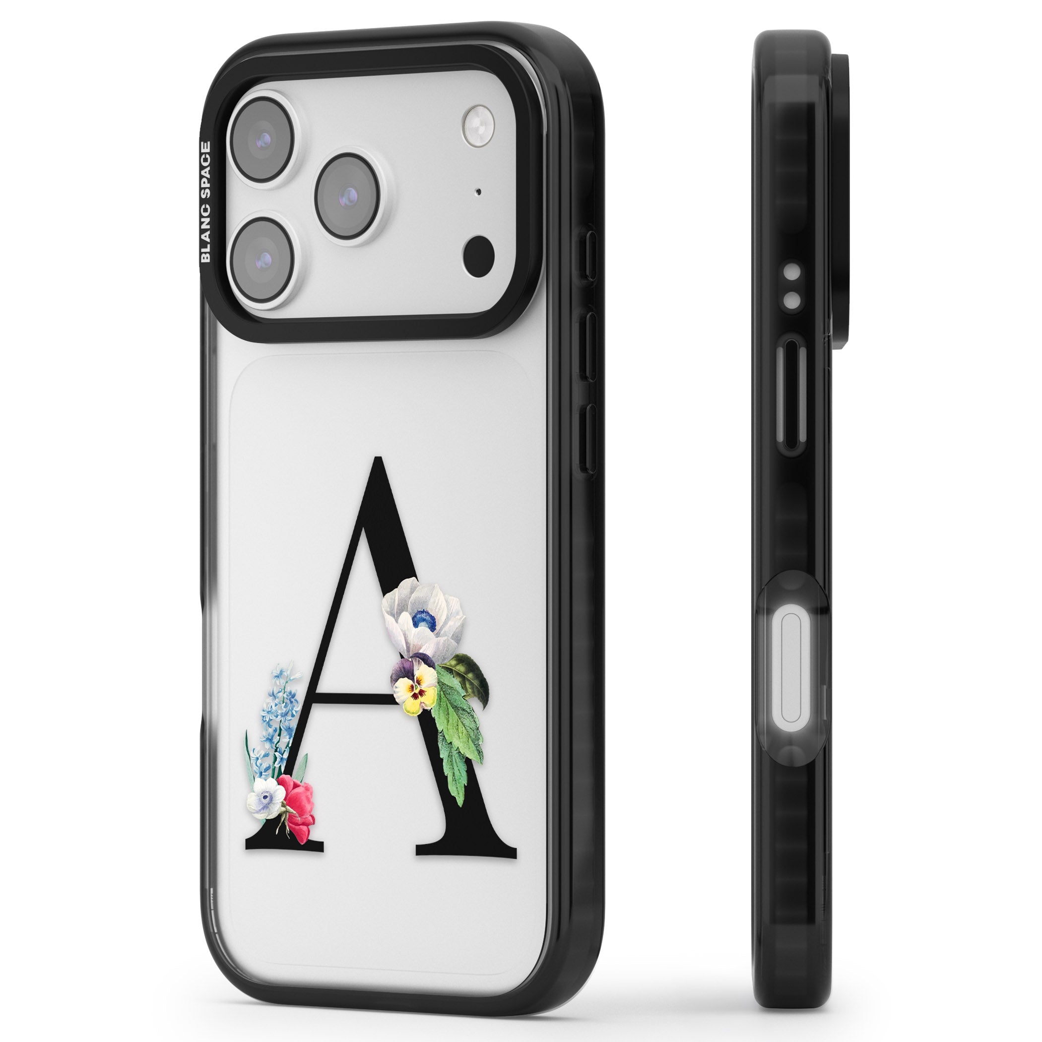 Personalised Floral Initial iPhone 17 Pro Max Impact Black Phone Case Side Profile