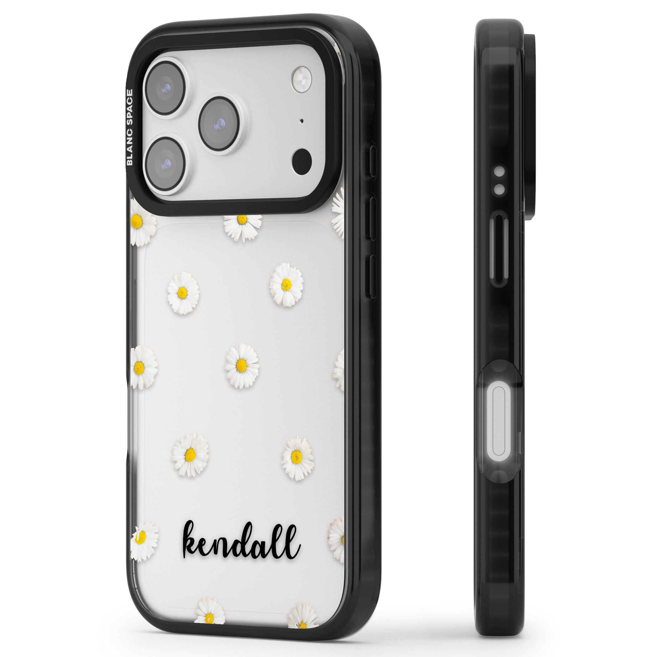 Personalised White Daisies & Cursive iPhone 17 Pro Max Impact Black Phone Case Side Profile