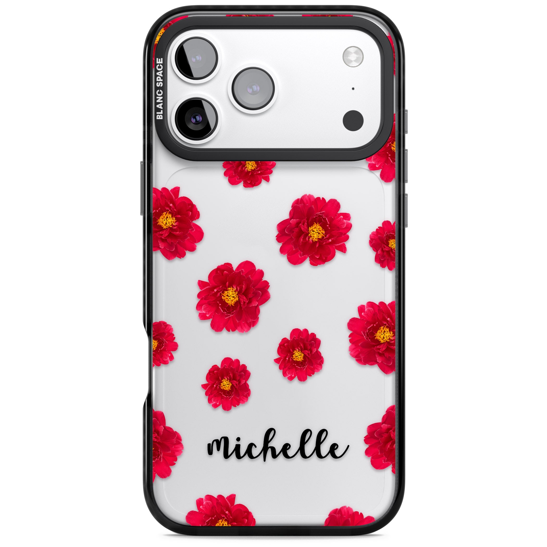 Personalised Red Peonies & Cursive iPhone 17 Pro Max Impact Black Phone Case