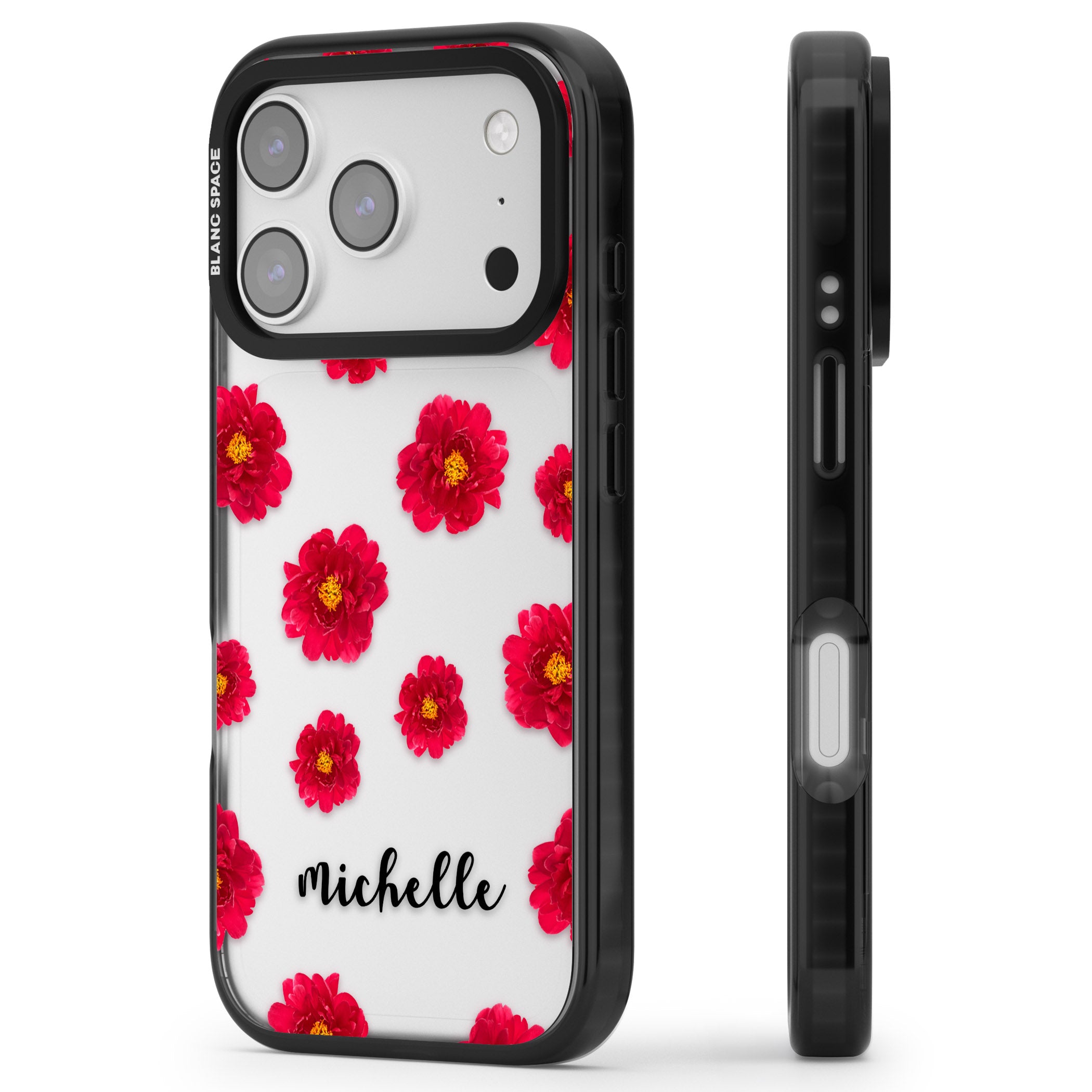 Personalised Red Peonies & Cursive iPhone 17 Pro Max Impact Black Phone Case Side Profile