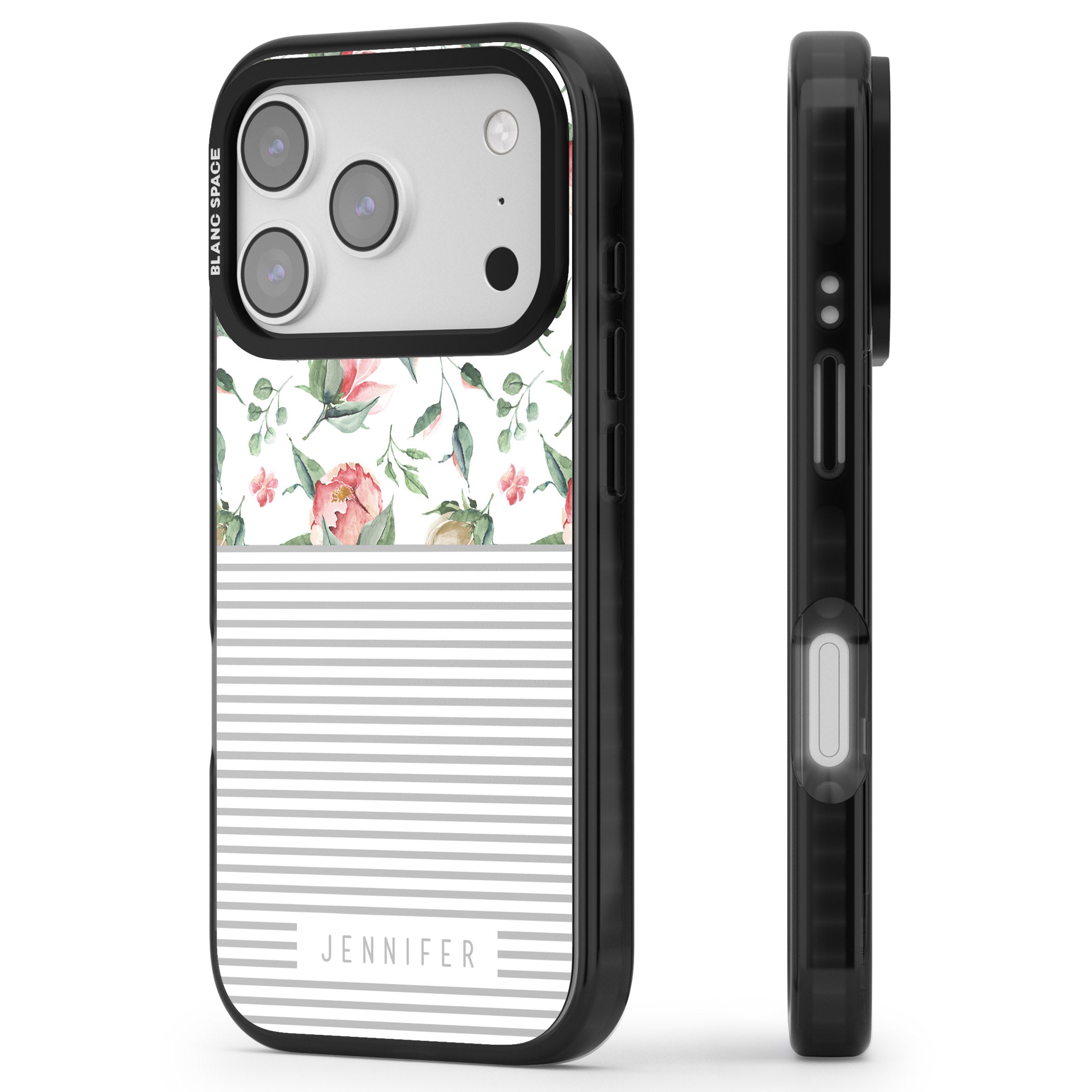 Personalised Light Floral Pattern & Stripes iPhone 17 Pro Max Impact Black Phone Case Side Profile
