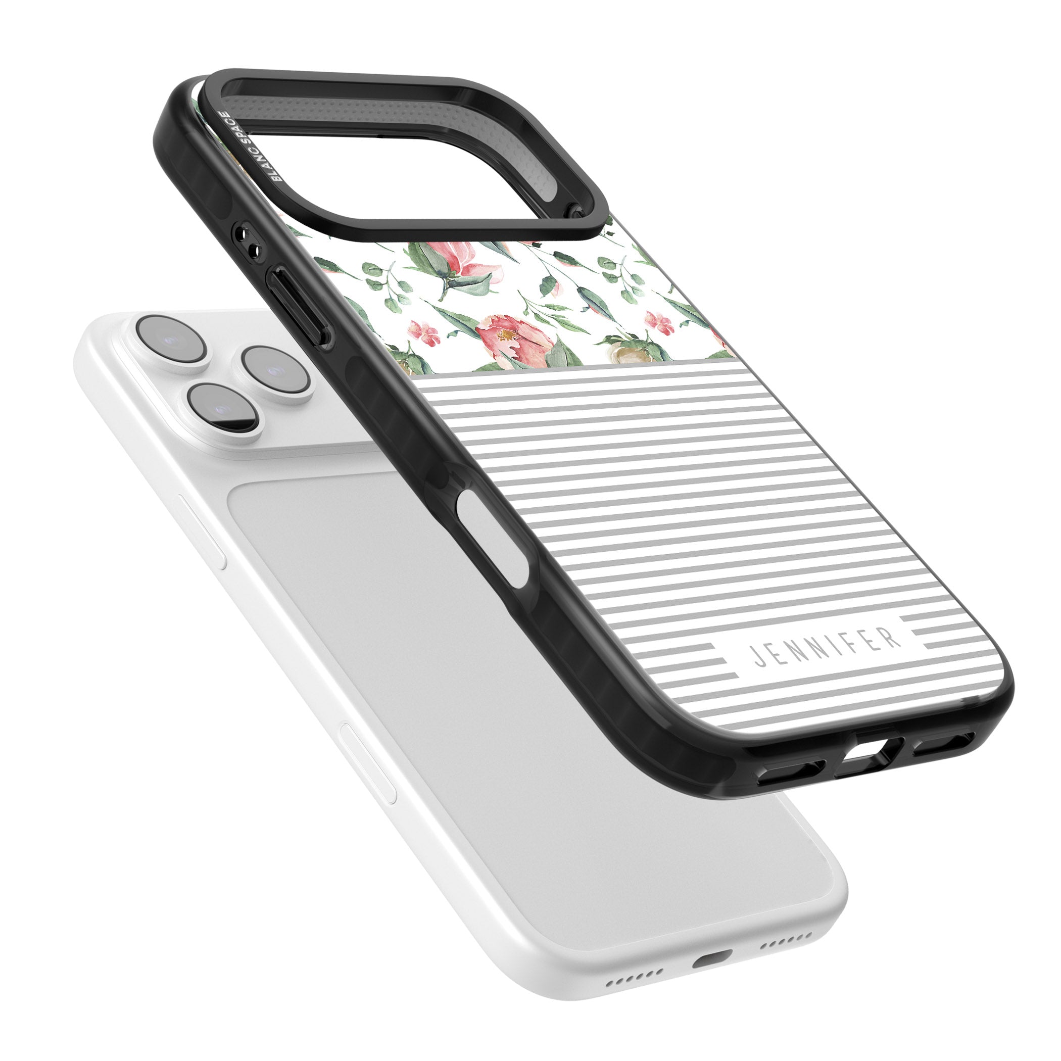 Personalised Light Floral Pattern & Stripes iPhone 17 Pro Max Impact Black Phone Case Colours