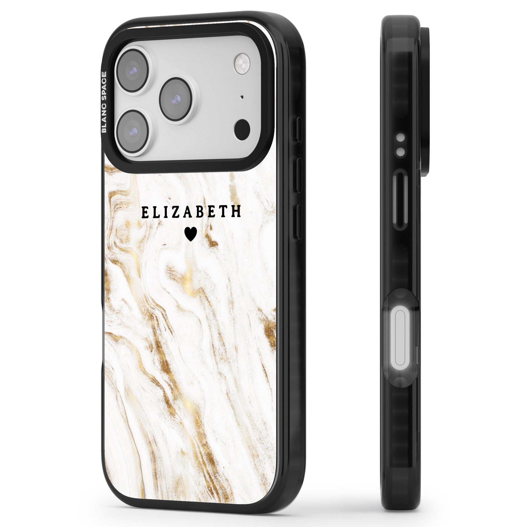 Personalised White & Gold Swirl Marble iPhone 17 Pro Max Impact Black Phone Case Side Profile