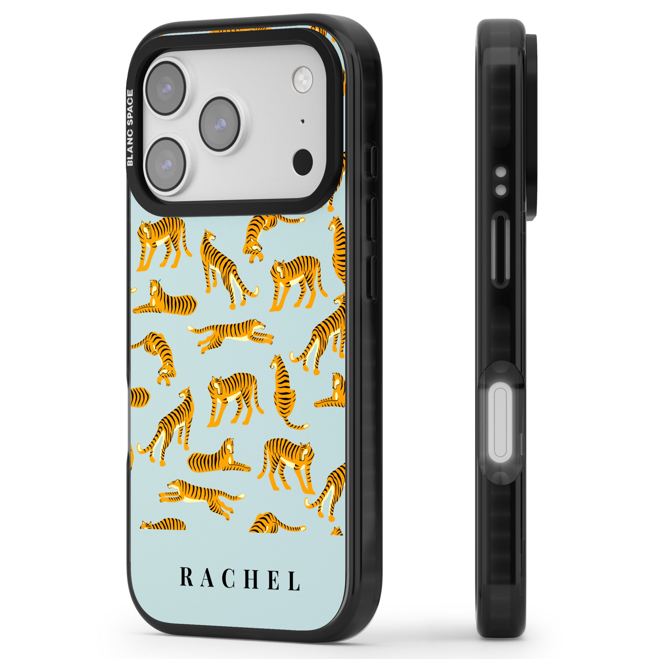 Personalised Turquoise Tiger Pattern iPhone 17 Pro Max Impact Black Phone Case Side Profile