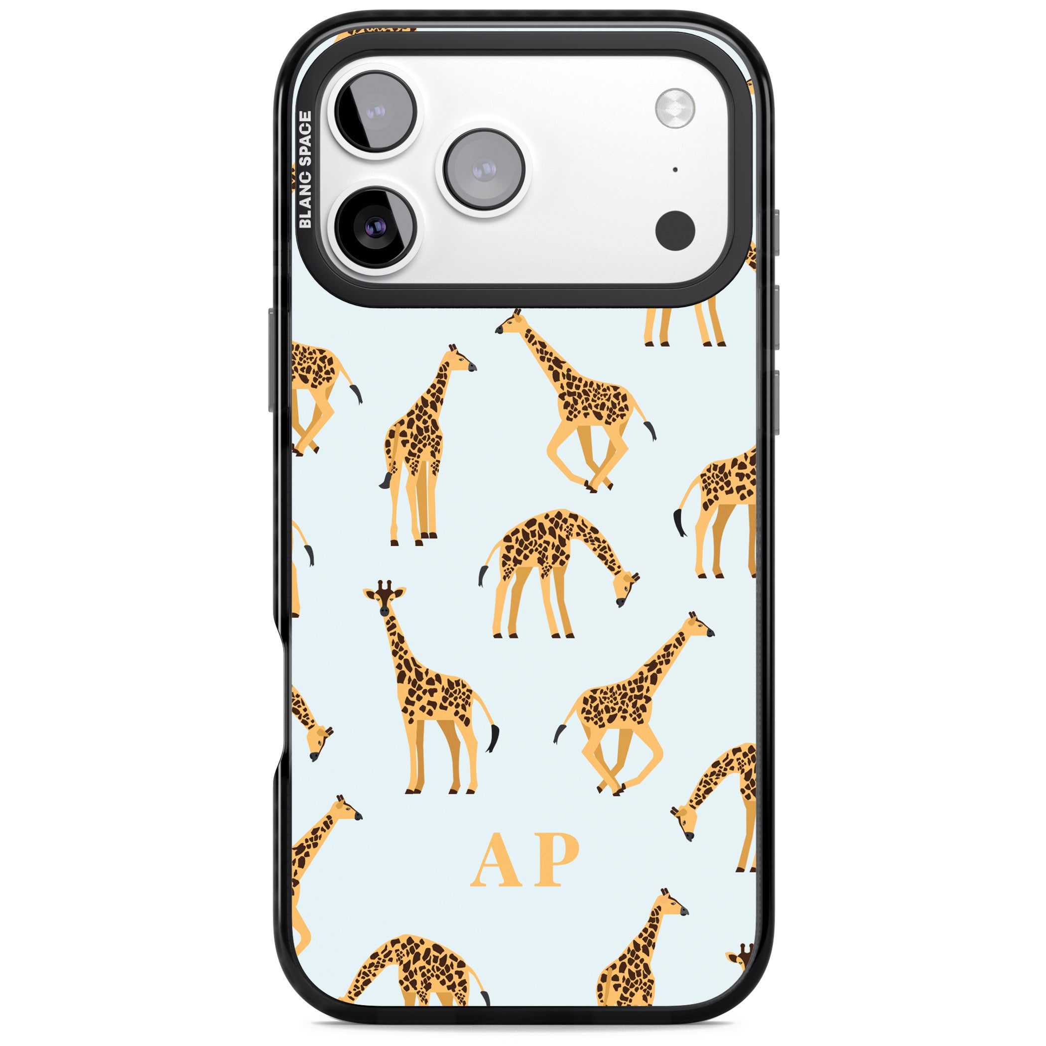 Personalised Safari Giraffe Pattern On Blue iPhone 17 Pro Max Impact Black Phone Case