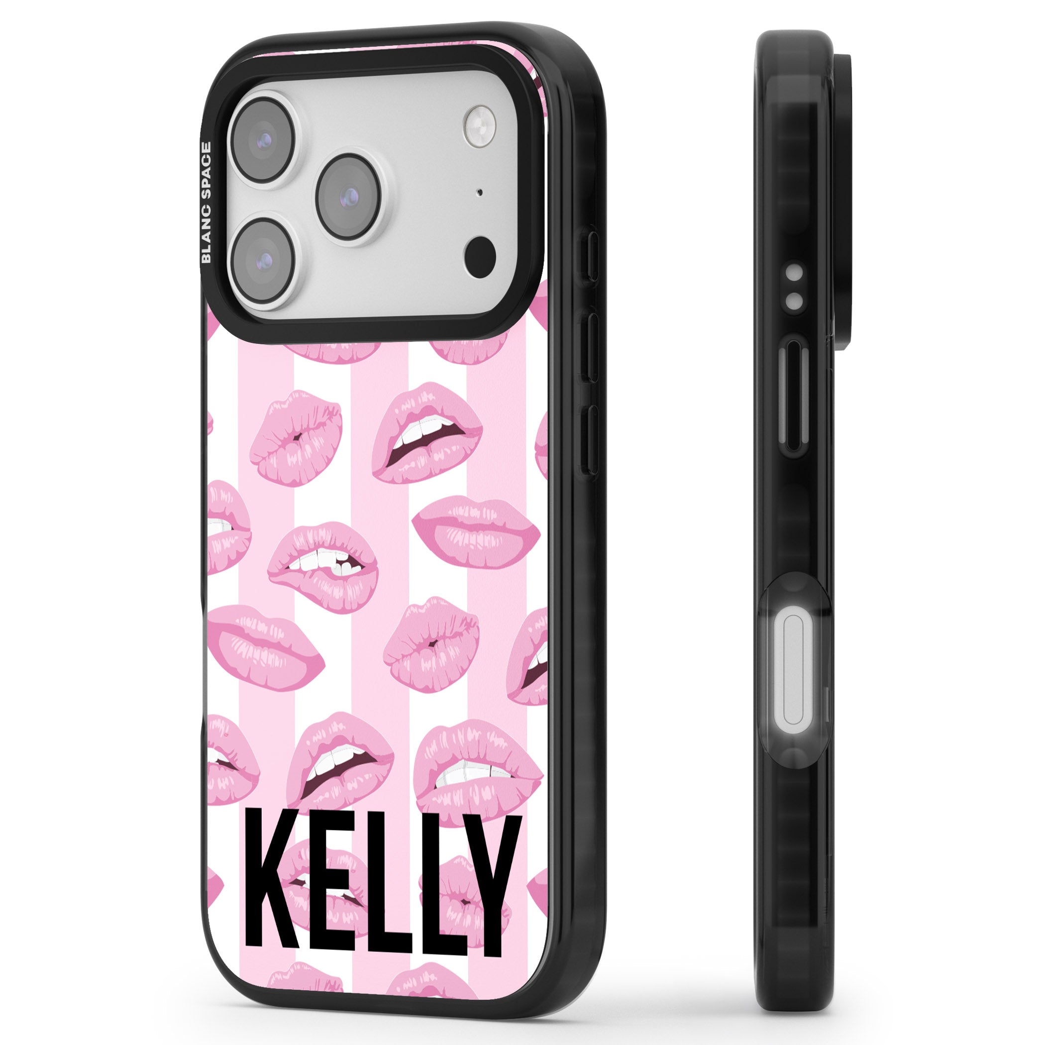 Personalised Pink Stripes & Lips iPhone 17 Pro Max Impact Black Phone Case Side Profile