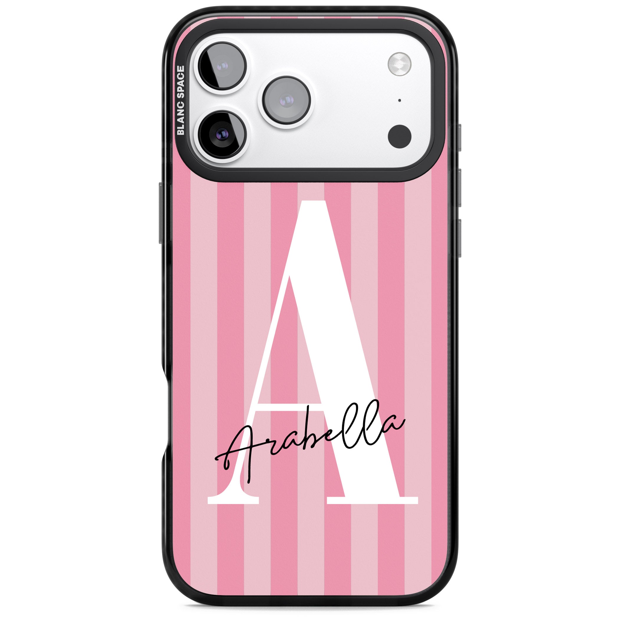 Personalised Pink Stripes Initial iPhone 17 Pro Max Impact Black Phone Case