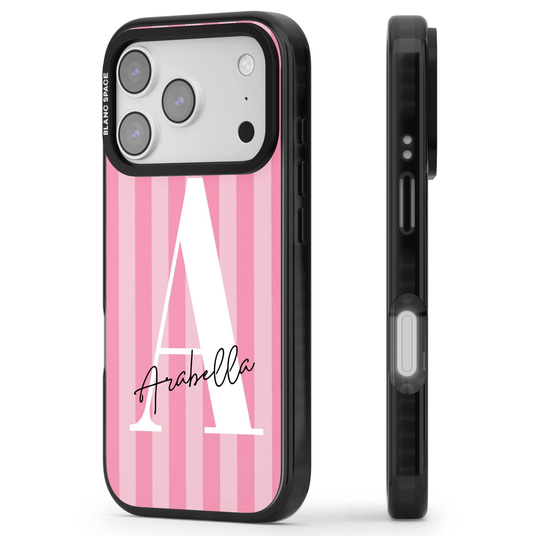 Personalised Pink Stripes Initial iPhone 17 Pro Max Impact Black Phone Case Side Profile