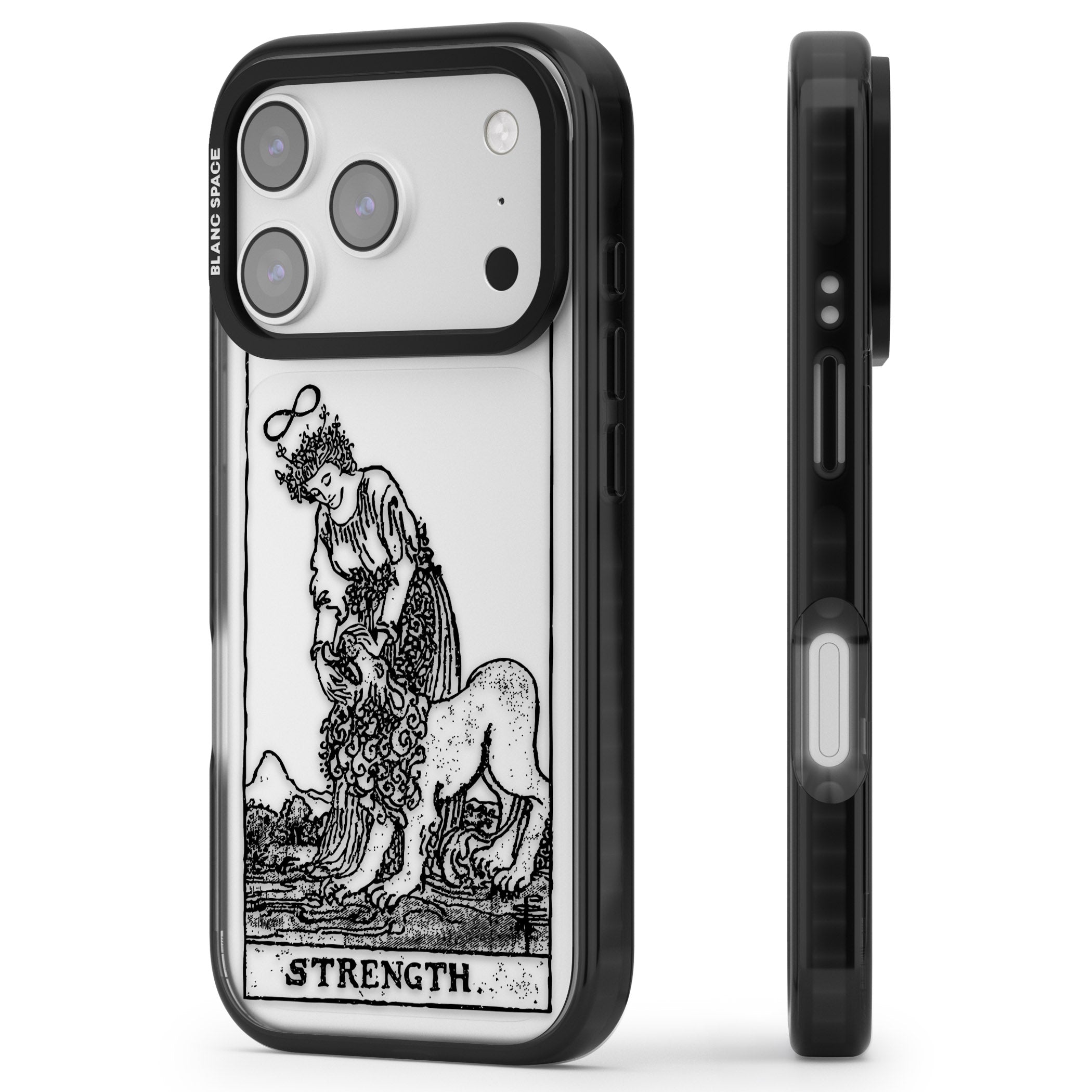 Personalised Strength Tarot Card (Clear) iPhone 17 Pro Max Impact Black Phone Case Side Profile