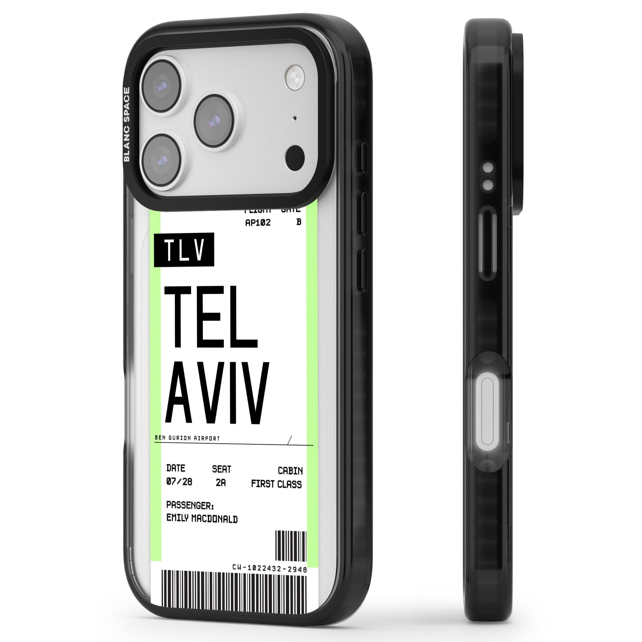 Personalised Tel Aviv Boarding Pass iPhone 17 Pro Max Impact Black Phone Case Side Profile