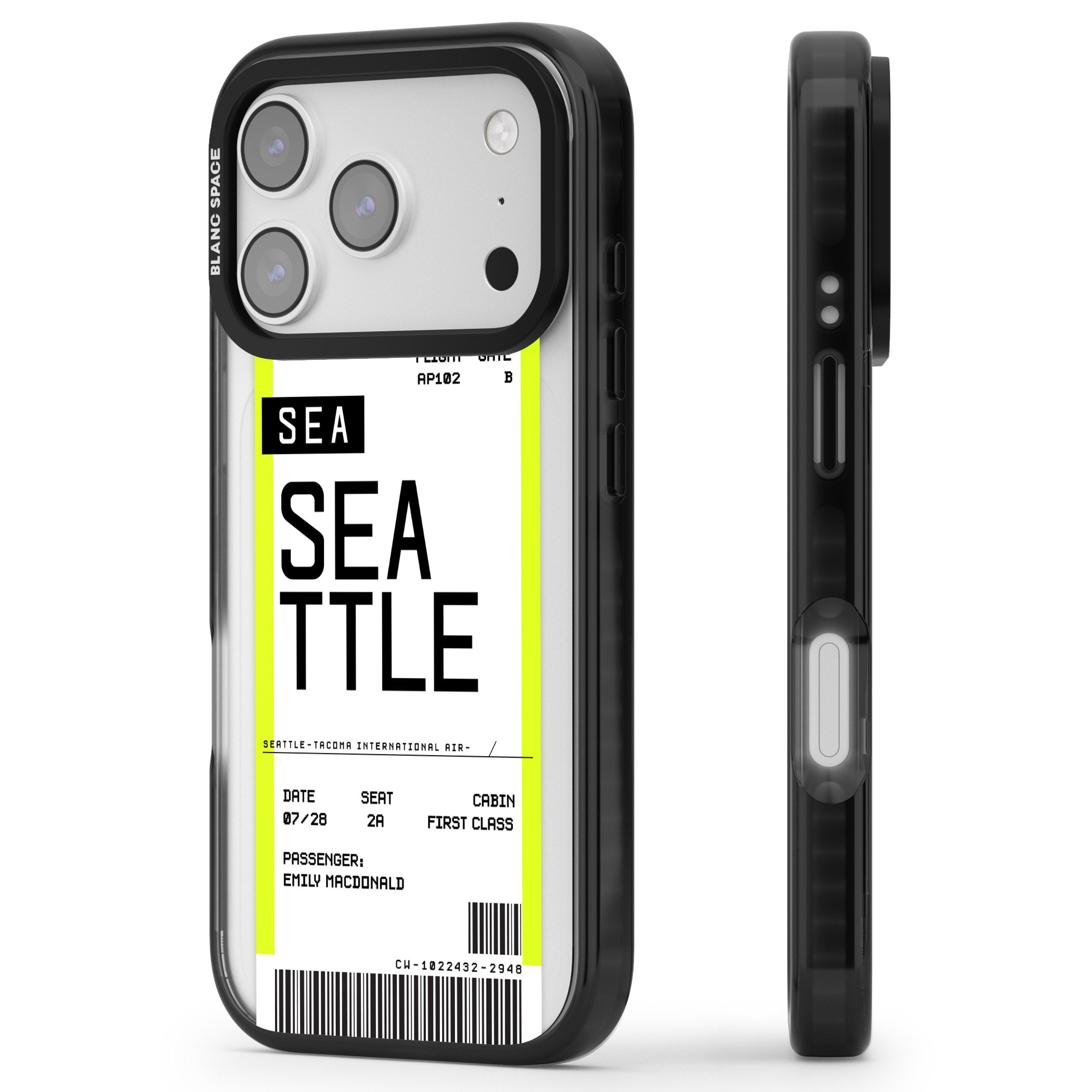 Personalised Seattle Boarding Pass iPhone 17 Pro Max Impact Black Phone Case Side Profile