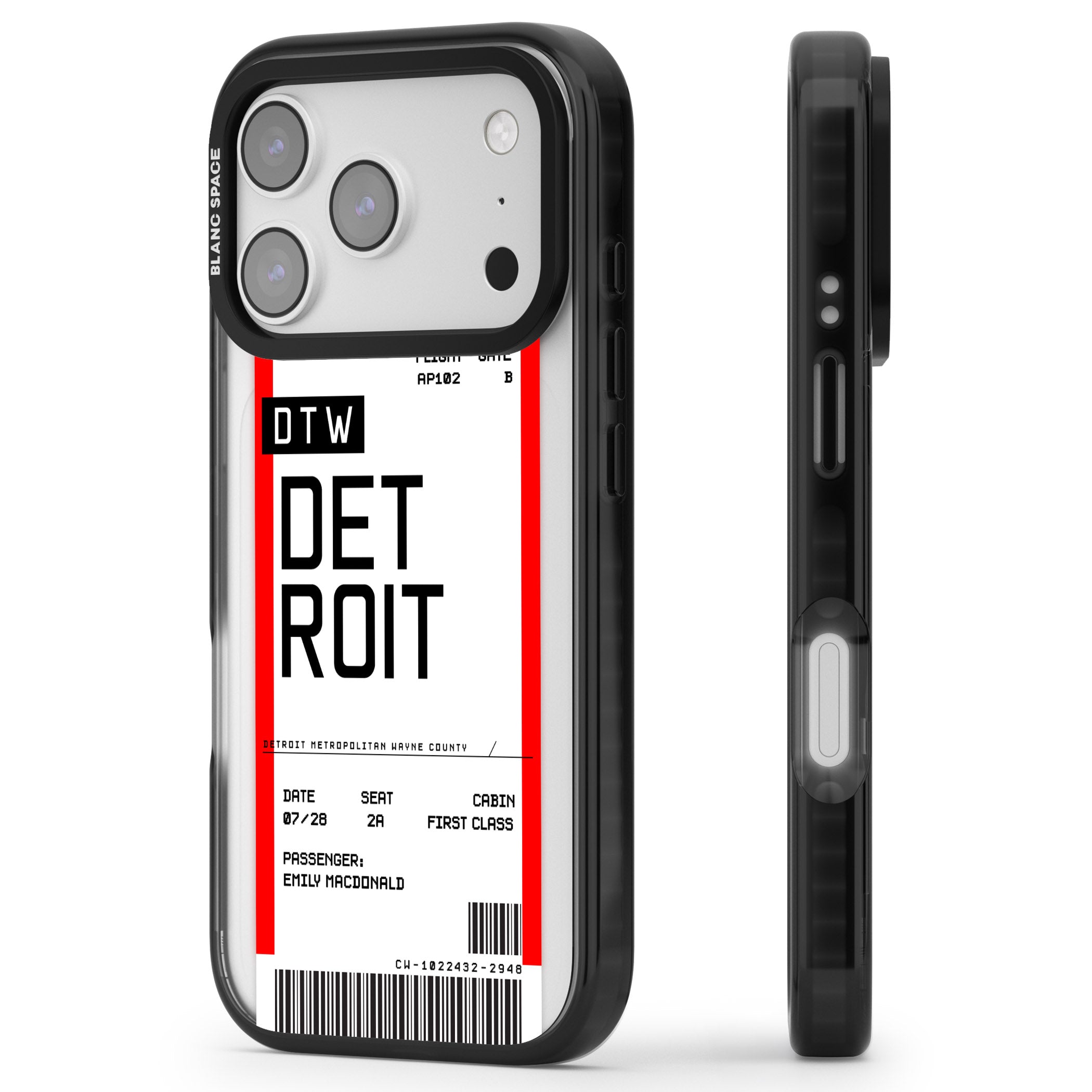 Personalised Detroit Boarding Pass iPhone 17 Pro Max Impact Black Phone Case Side Profile