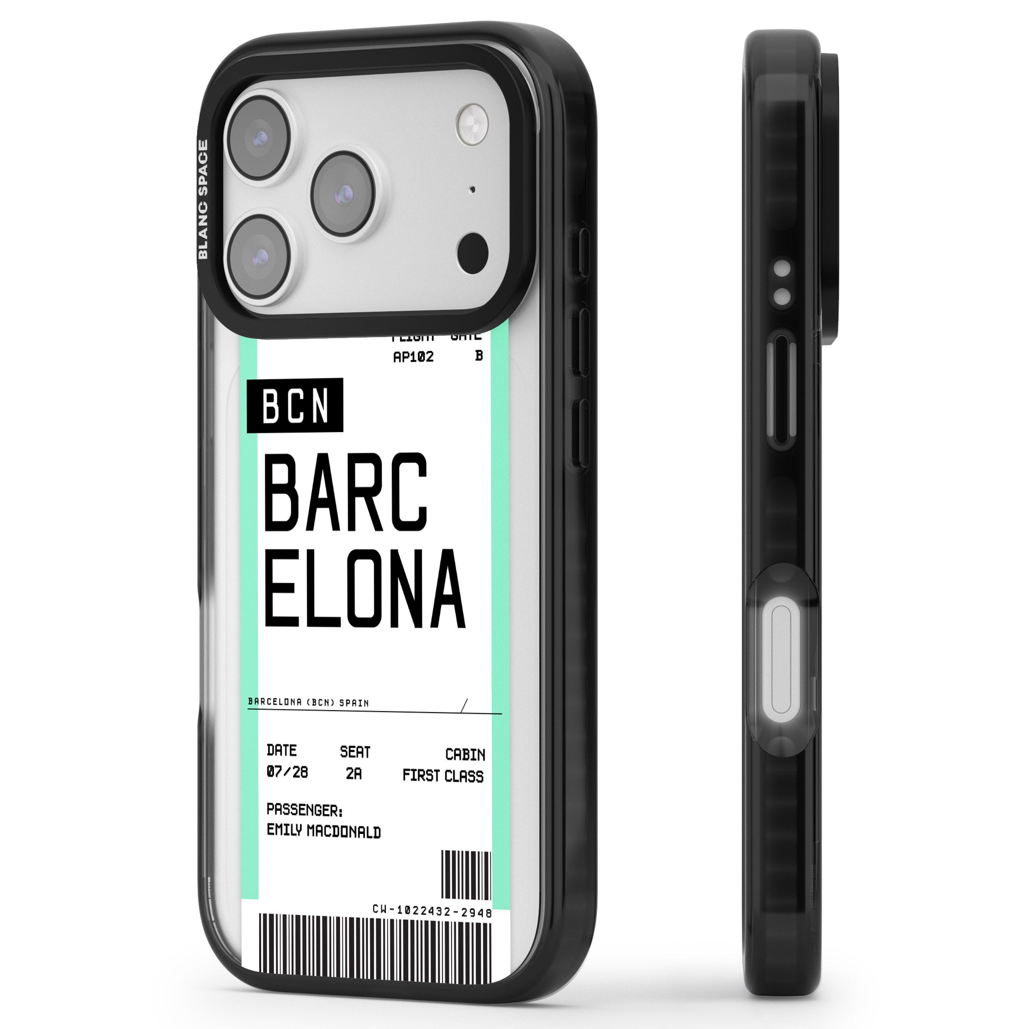 Personalised Barcelona Boarding Pass iPhone 17 Pro Max Impact Black Phone Case Side Profile
