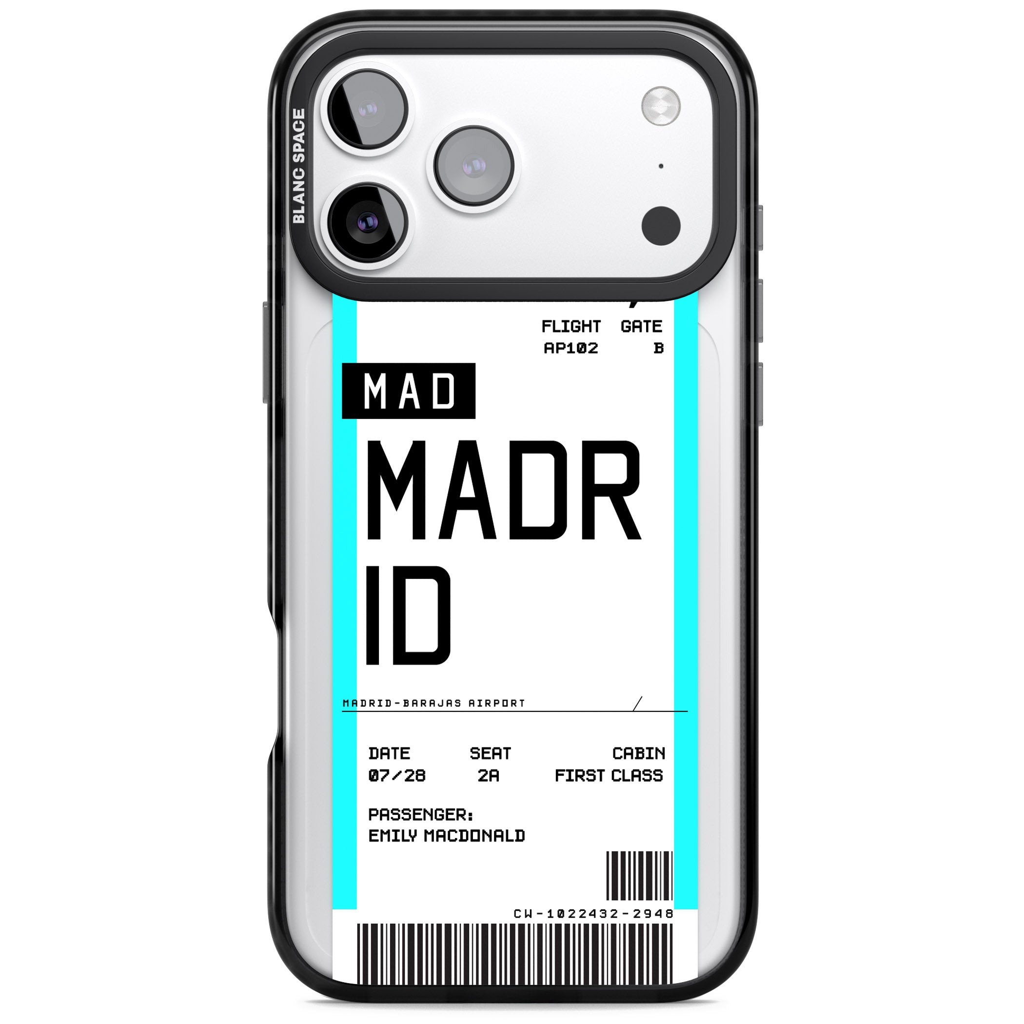 Personalised Madrid Boarding Pass iPhone 17 Pro Max Impact Black Phone Case