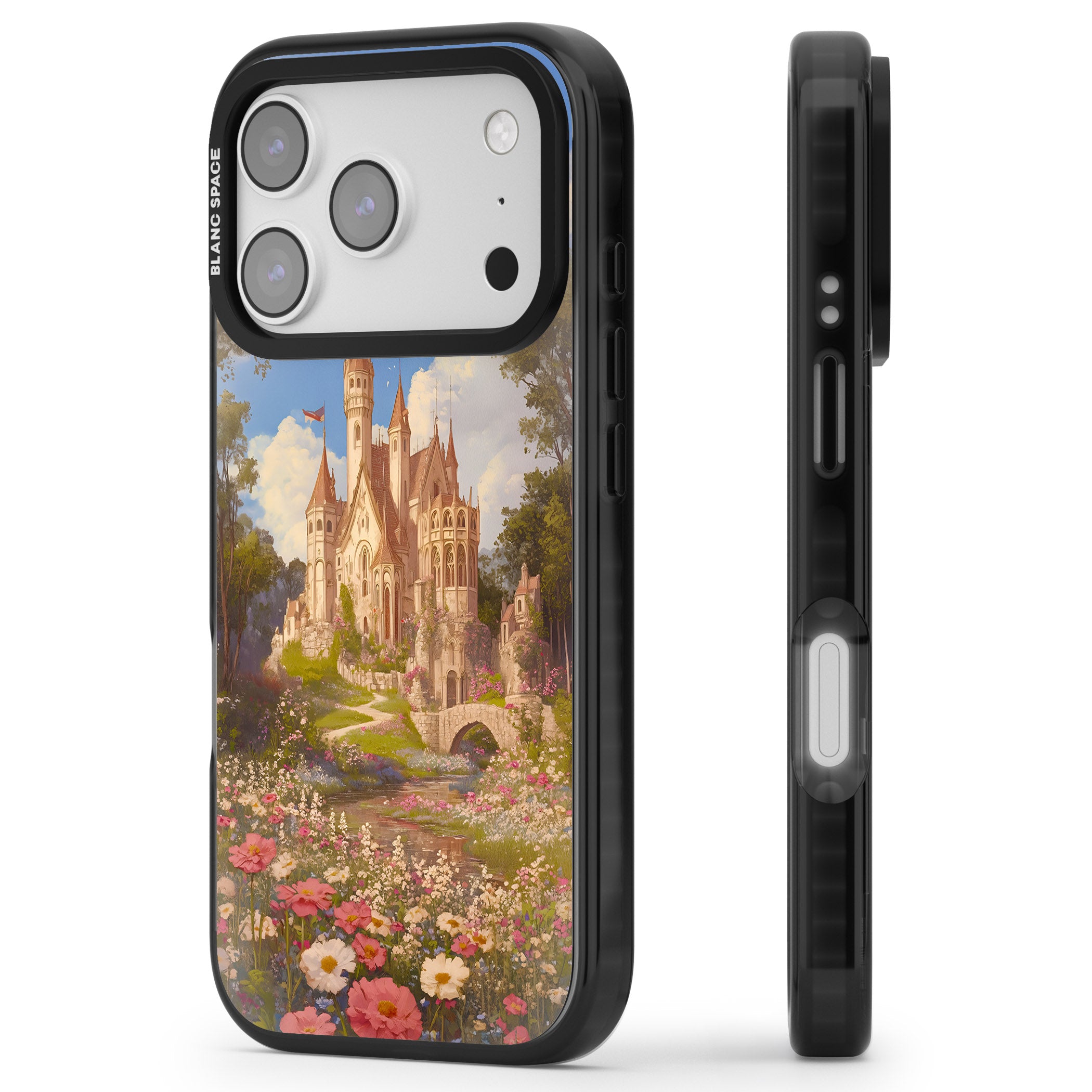 Castle Flower Fields iPhone 17 Pro Max Impact Black Phone Case Side Profile