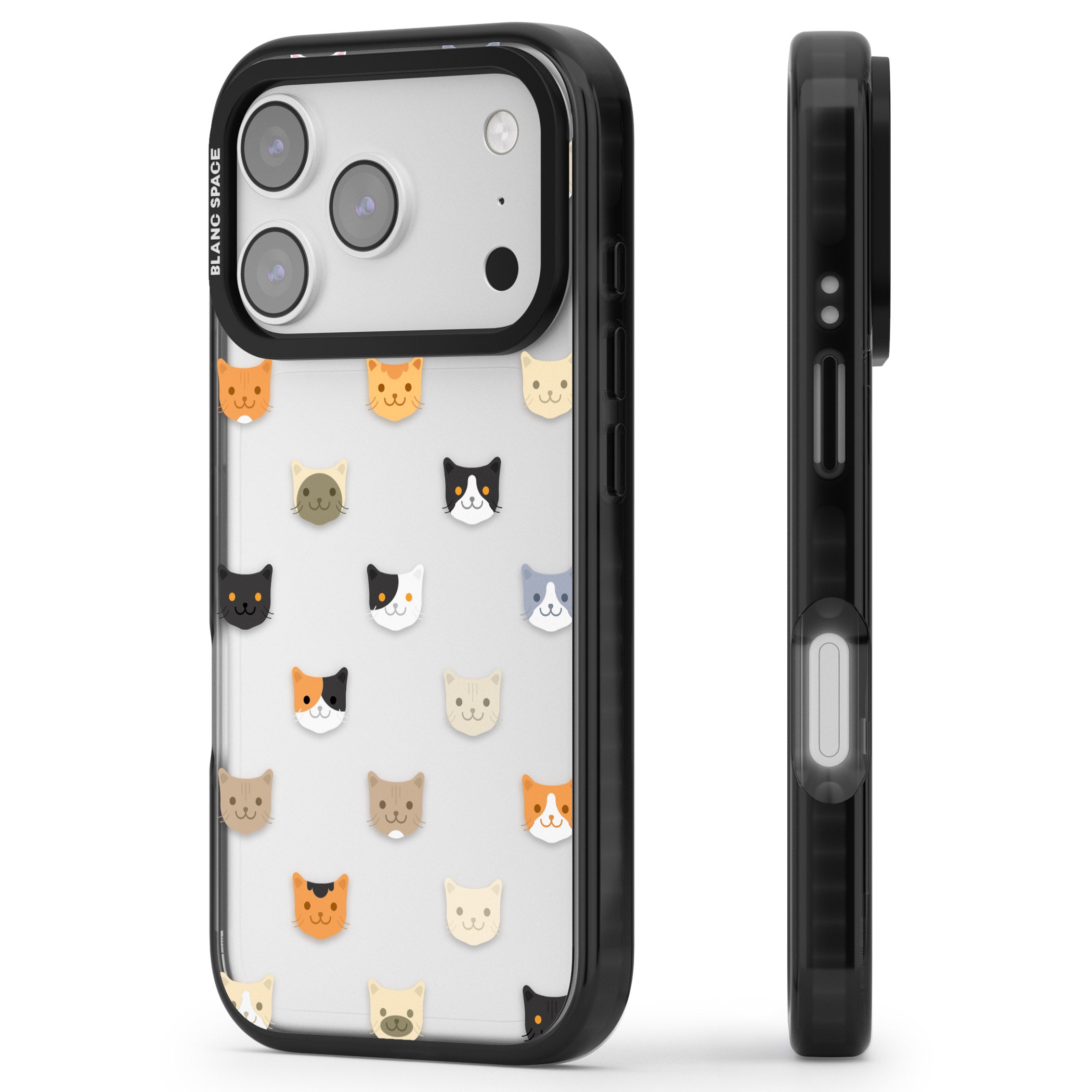 Cute Cat Face Transparent iPhone 17 Pro Max Impact Black Phone Case Side Profile