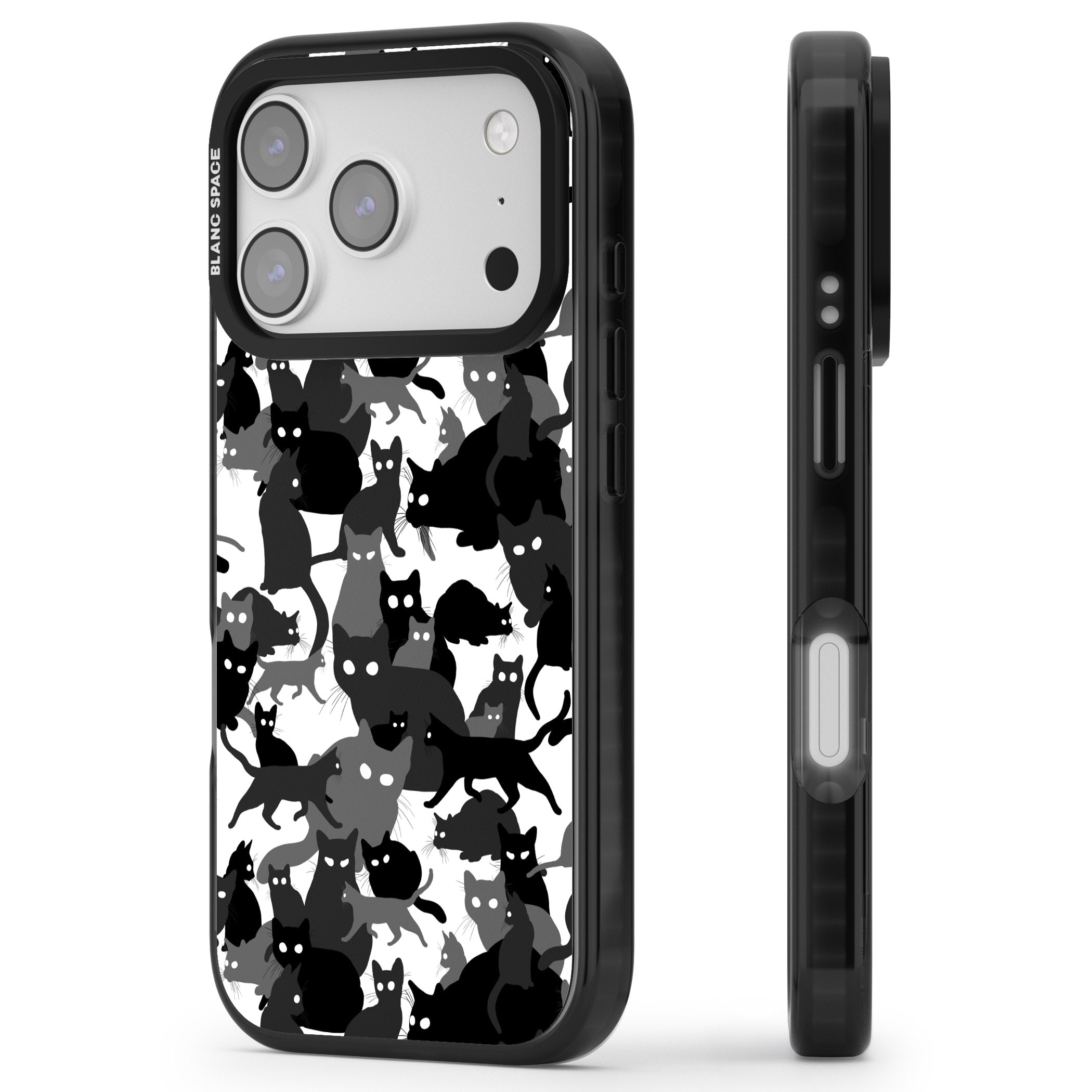 Black & White Cat Camouflage iPhone 17 Pro Max Impact Black Phone Case Side Profile