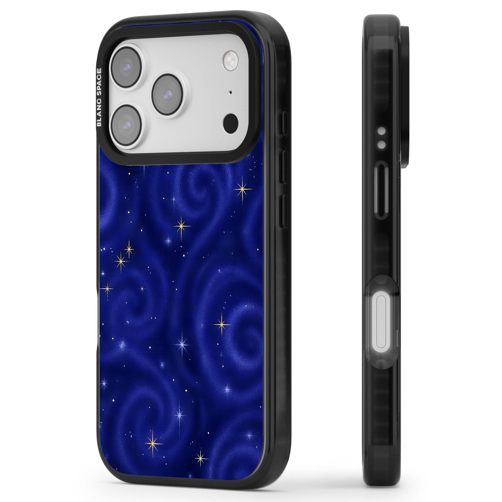 Indigo Cosmos celestial iPhone case featuring swirling navy night sky and sparkling golden stars | Clear Impact case for iPhone 17 Pro, iPhone 17 Pro Max