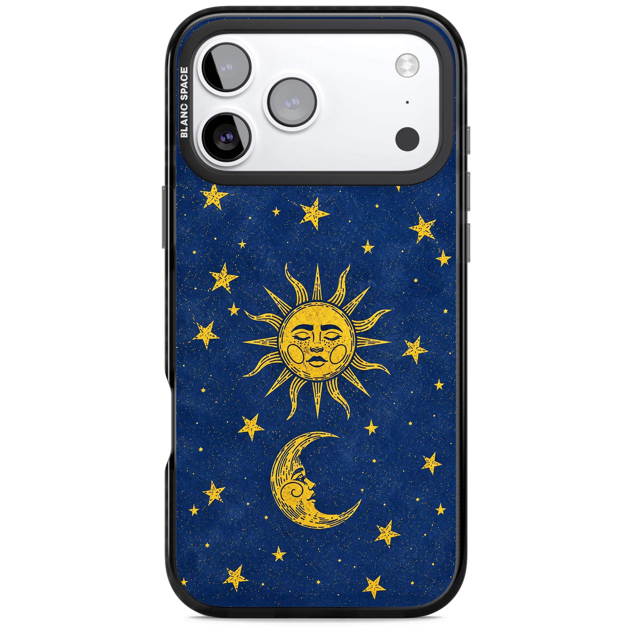 Sun & Moon Reverie celestial iPhone case featuring a vintage golden sun, crescent moon and scattered stars on midnight blue | Clear Impact case for iPhone 17 Pro, iPhone 17 Pro Max
