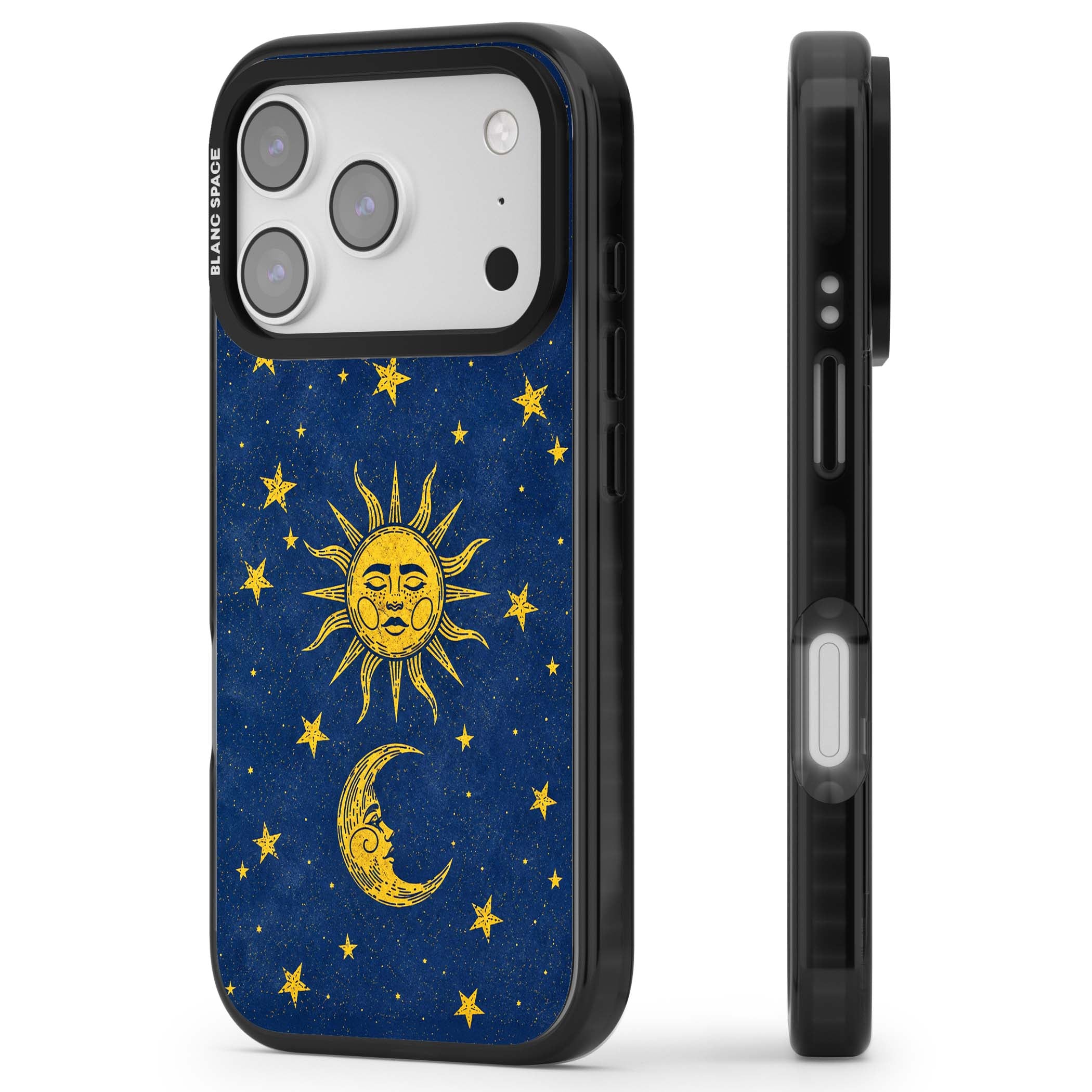 Sun & Moon Reverie celestial iPhone case featuring a vintage golden sun, crescent moon and scattered stars on midnight blue | Clear Impact case for iPhone 17 Pro, iPhone 17 Pro Max