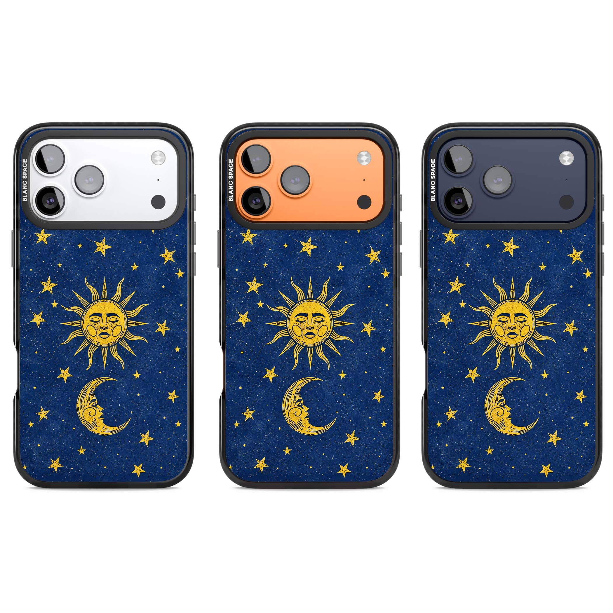 Sun & Moon Reverie celestial iPhone case featuring a vintage golden sun, crescent moon and scattered stars on midnight blue | Clear Impact case for iPhone 17 Pro, iPhone 17 Pro Max