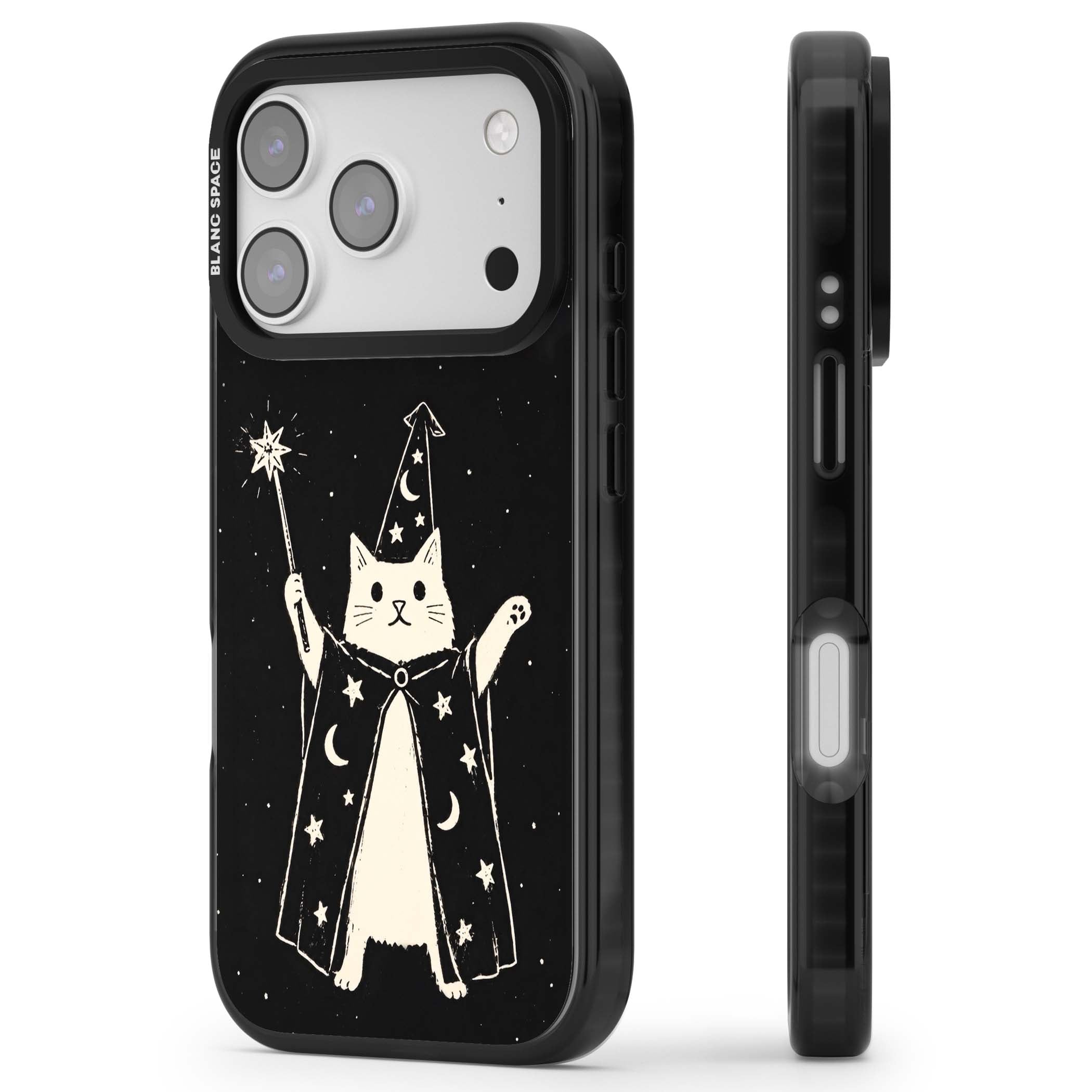Whisker Wizard celestial cat iPhone case featuring a wizard cat with magic wand, starry night sky and crescent moons | Clear Impact case for iPhone 17 Pro, iPhone 17 Pro Max