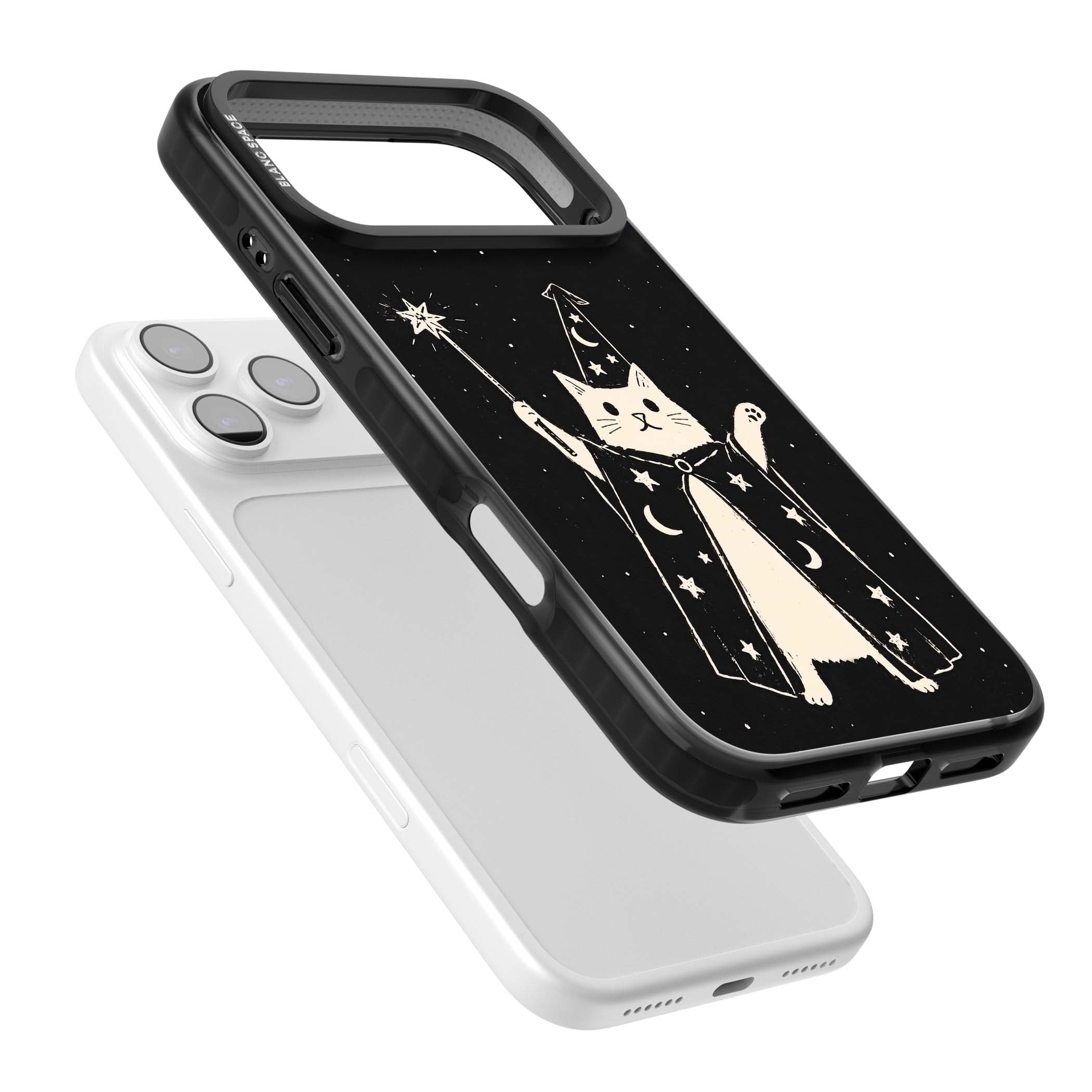 Whisker Wizard celestial cat iPhone case featuring a wizard cat with magic wand, starry night sky and crescent moons | Clear Impact case for iPhone 17 Pro, iPhone 17 Pro Max