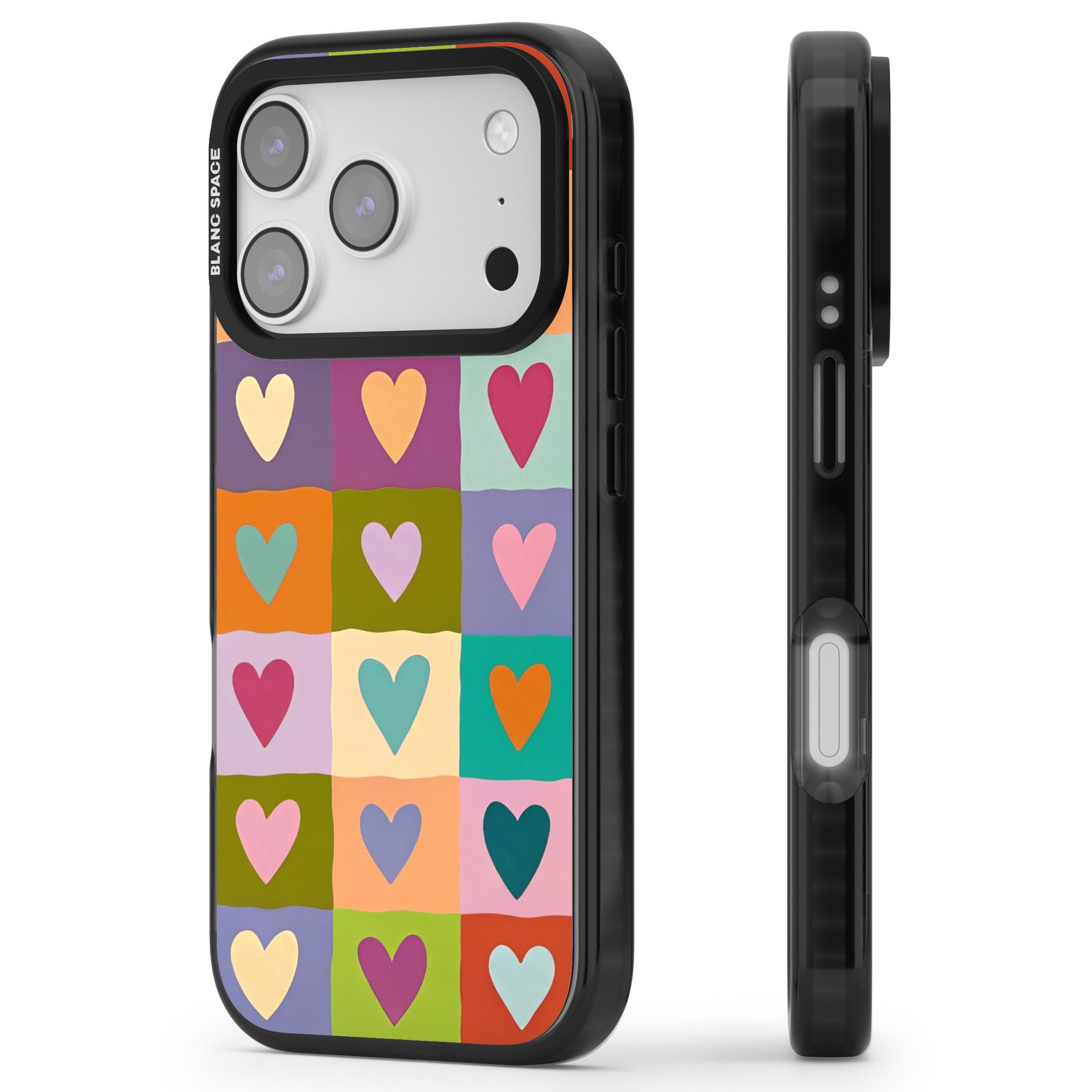 Multicolour Checked Hearts iPhone 17 Pro Max Impact Black Phone Case Side Profile