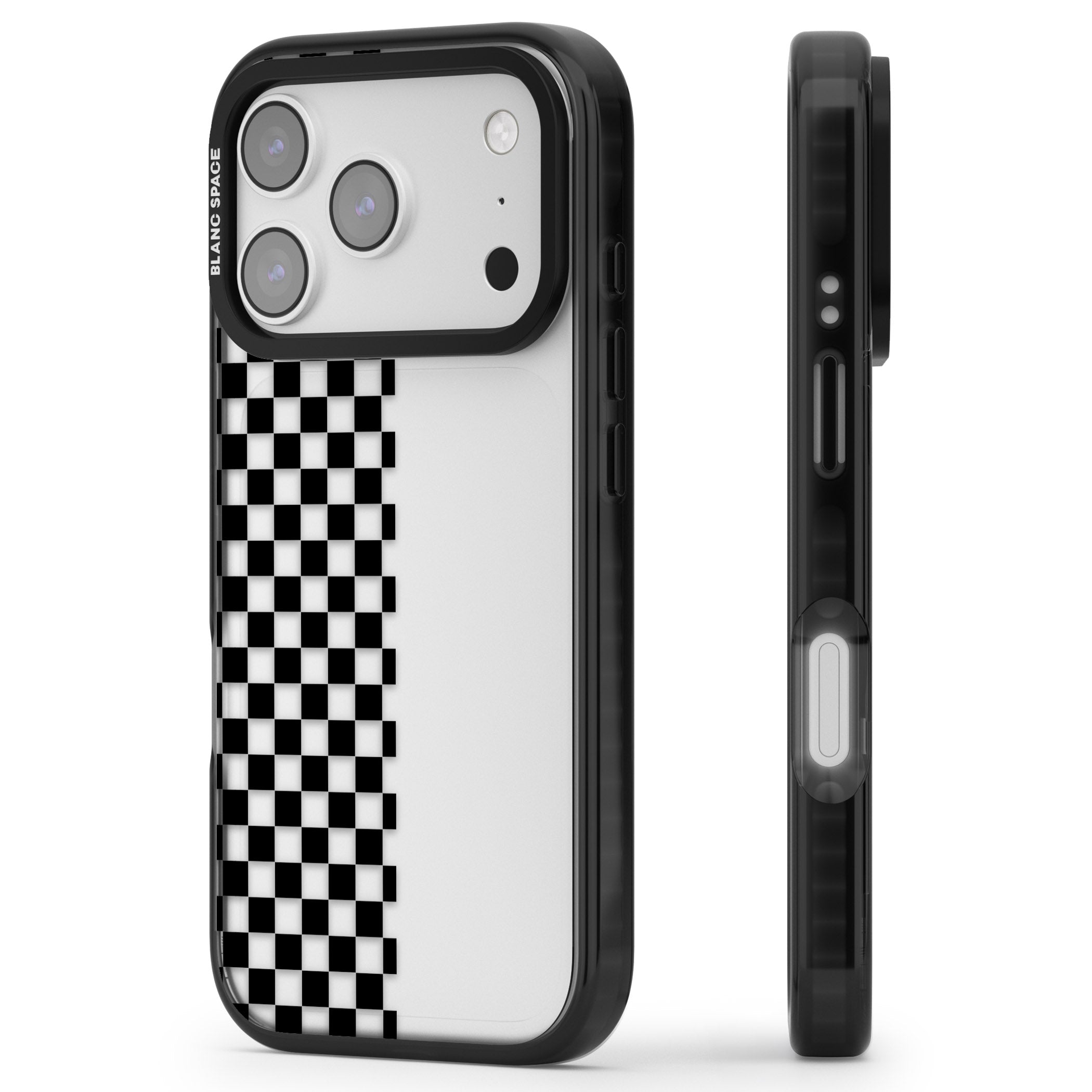 Checker: Half Black Check On Clear iPhone 17 Pro Max Impact Black Phone Case Side Profile