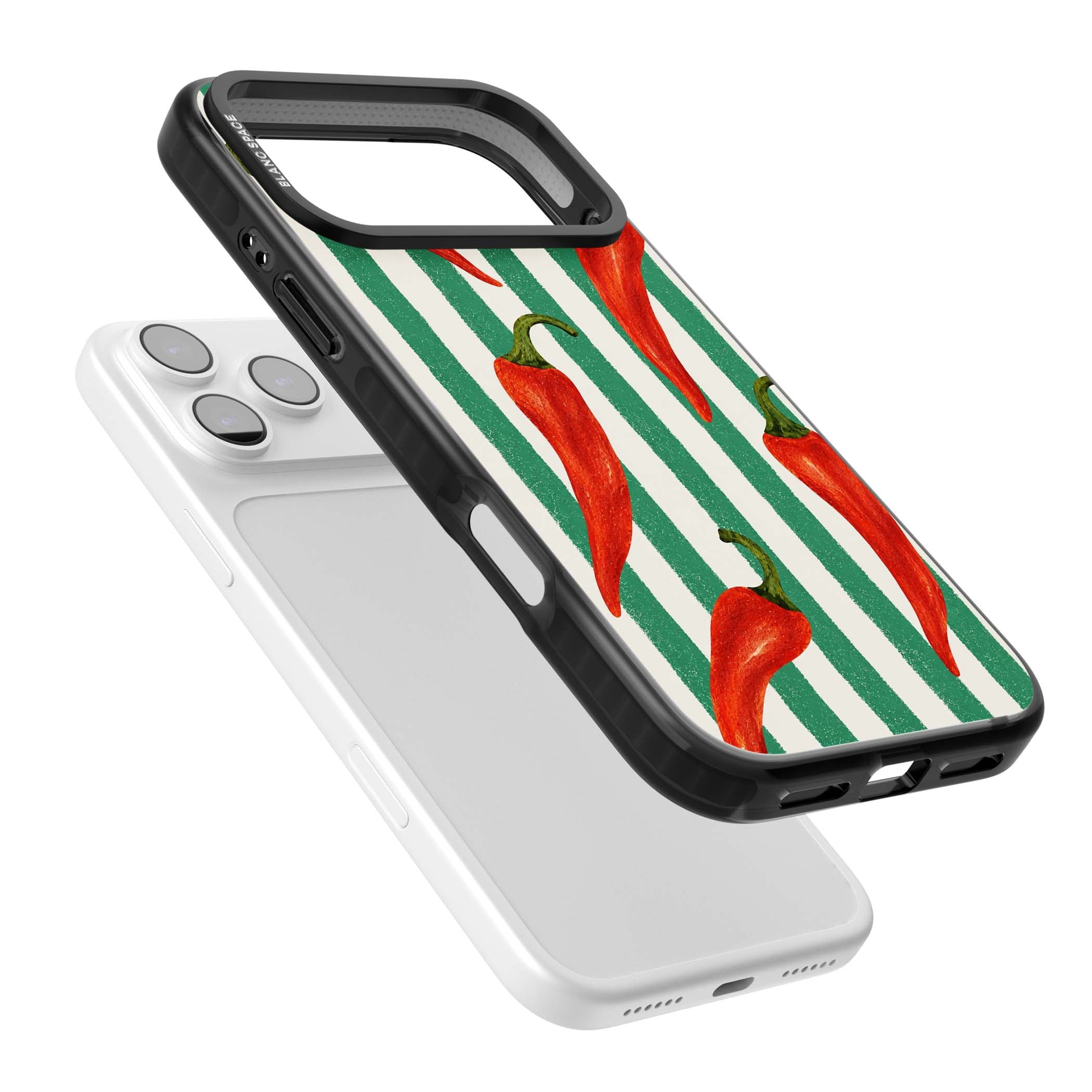 Striped Chillis coastal iPhone case featuring hand-painted red chili peppers on green and cream stripes | Clear Impact case for iPhone 17 Pro, iPhone 17 Pro Max