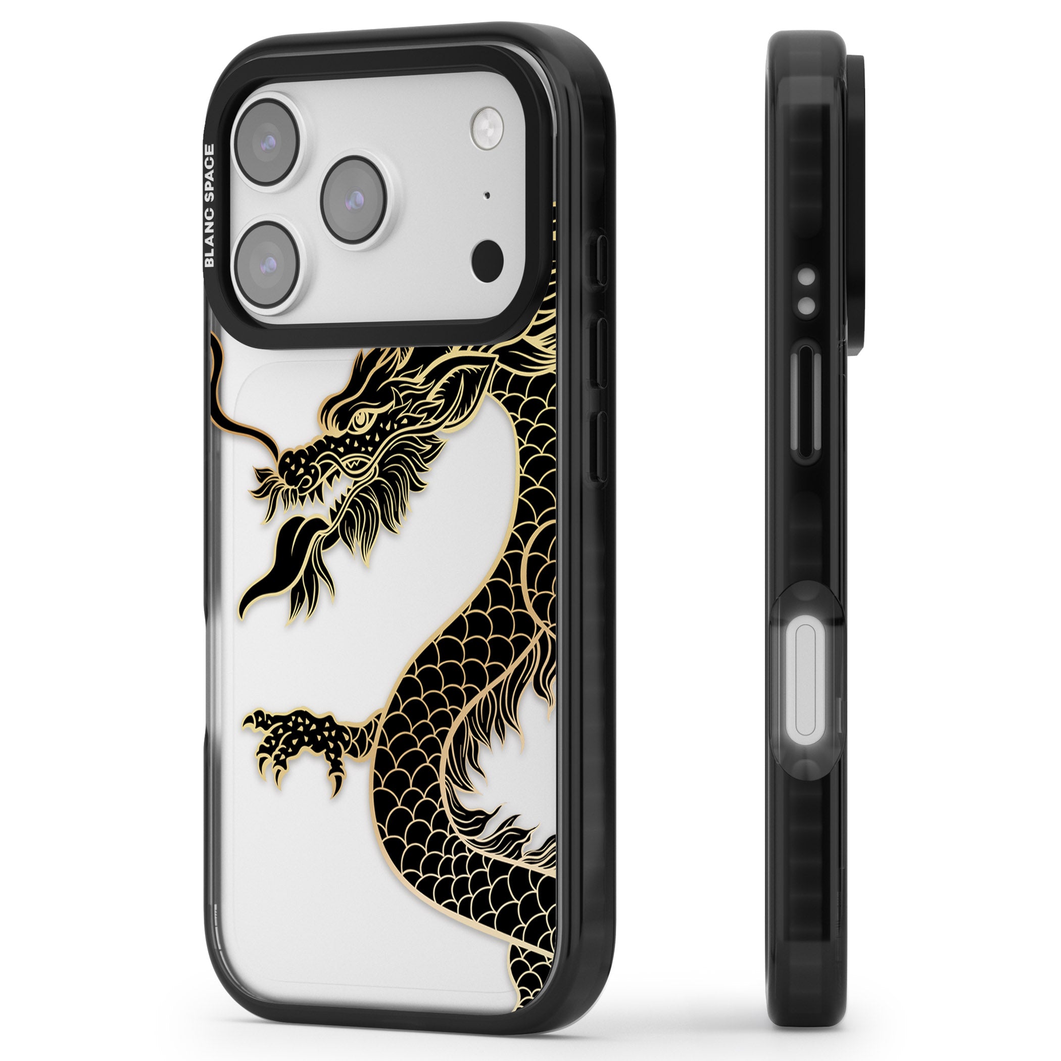 Large Black Dragon iPhone 17 Pro Max Impact Black Phone Case Side Profile