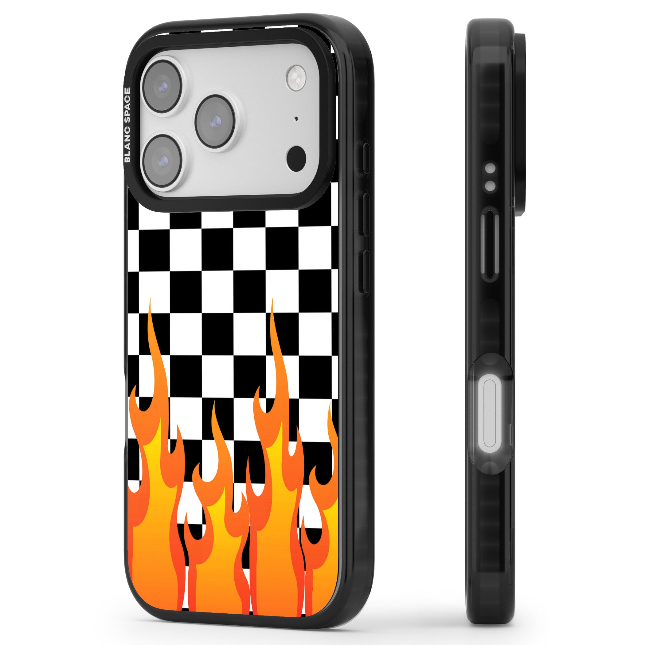 Checkered Fire iPhone 17 Pro Max Impact Black Phone Case Side Profile