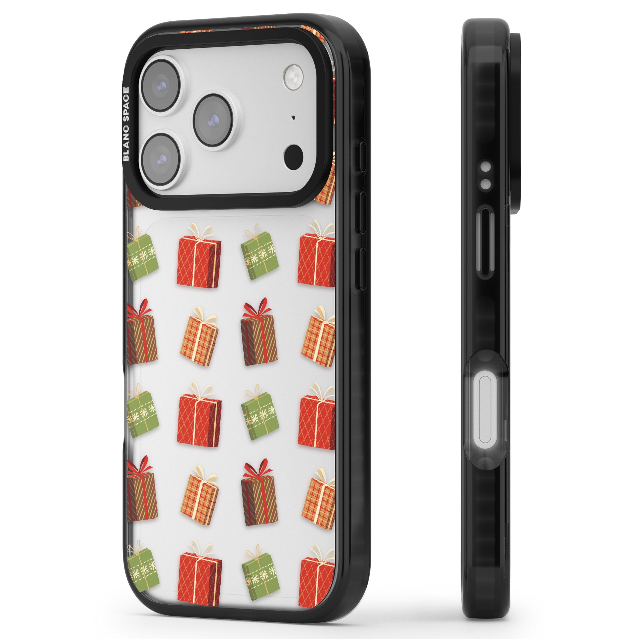 Christmas Presents Pattern iPhone 17 Pro Max Impact Black Phone Case Side Profile