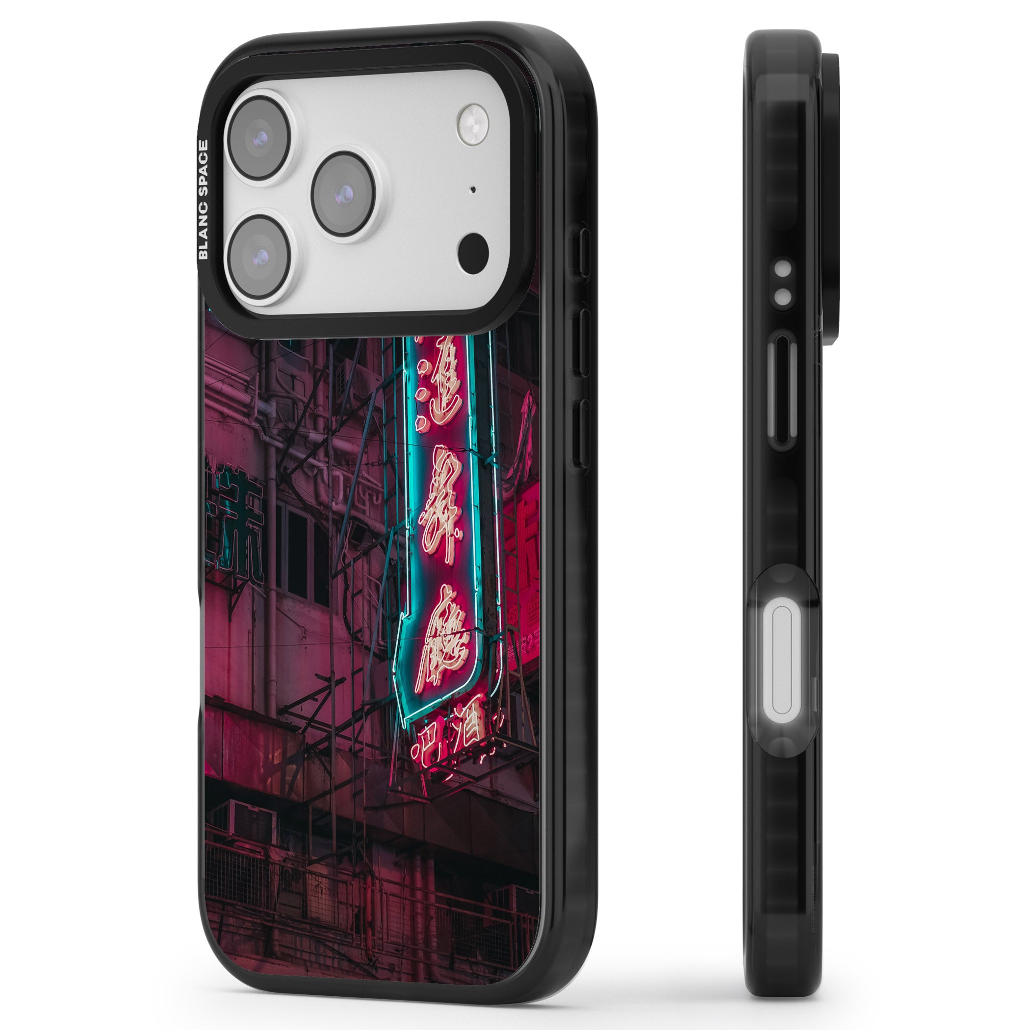 Neon Kanji Cityscape iPhone 17 Pro Max Impact Black Phone Case Side Profile