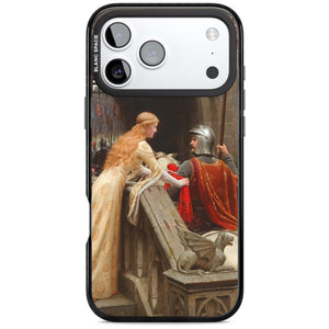 God Speed fine art iPhone case featuring Edmund Blair Leighton's medieval knight and lady beneath a stone archway | Clear Impact case for iPhone 17 Pro, iPhone 17 Pro Max