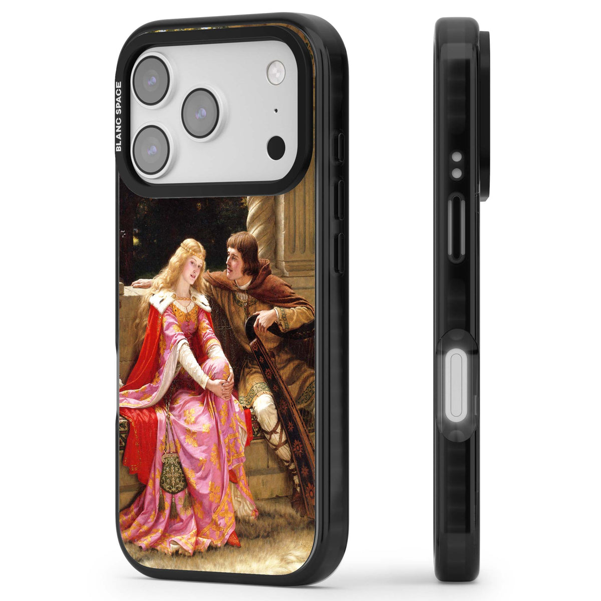 The End of the Song classic art iPhone case featuring a medieval lady in pink gown and her knight in a stone archway | Clear Impact case for iPhone 17 Pro, iPhone 17 Pro Max